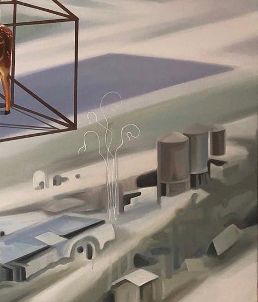 Terrestrial Verses-I, paysage urbain de cerf, huile sur toile, gris, bleu, blanc, en stock 1