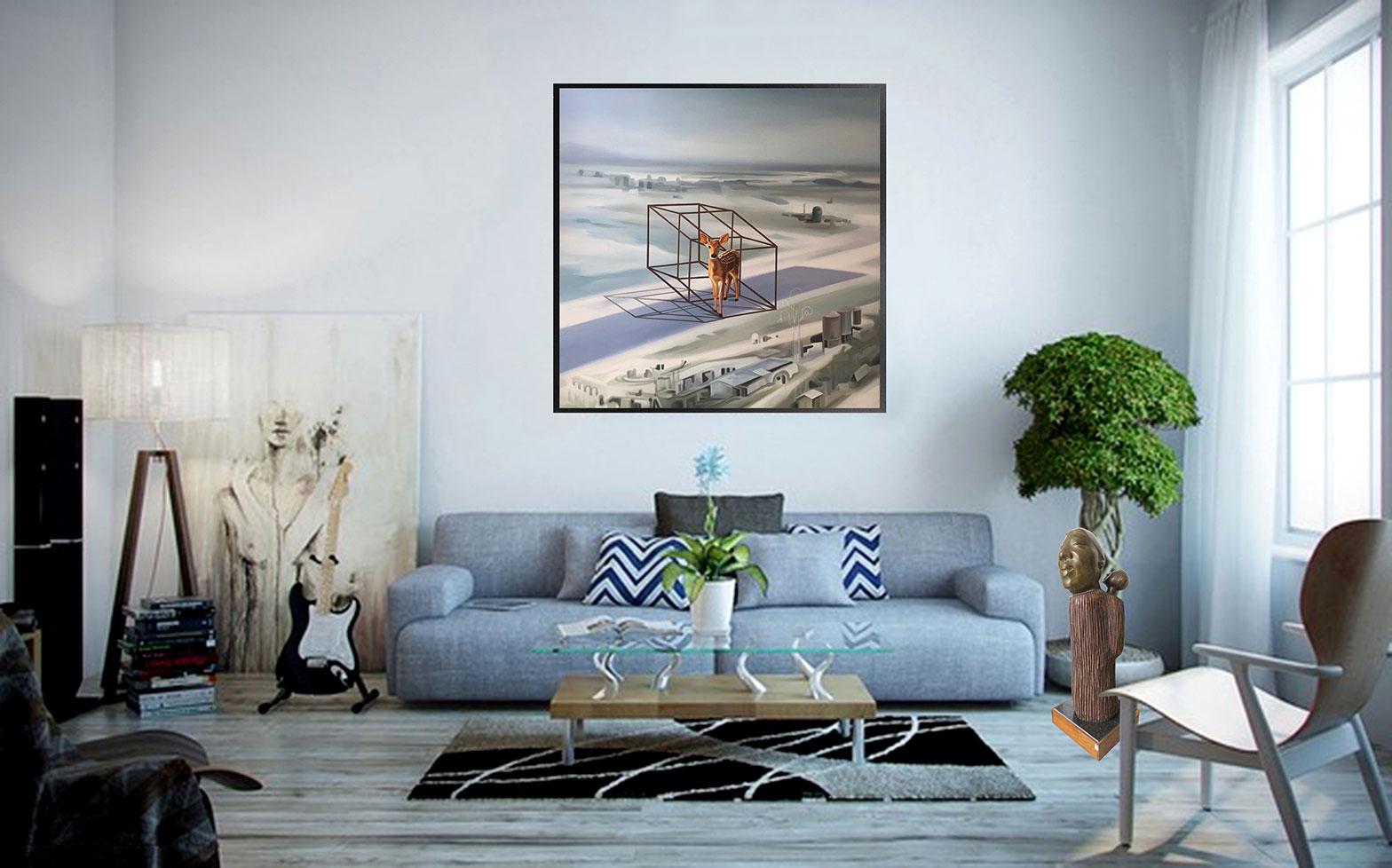 Terrestrial Verses-I, paysage urbain de cerf, huile sur toile, gris, bleu, blanc, en stock 3