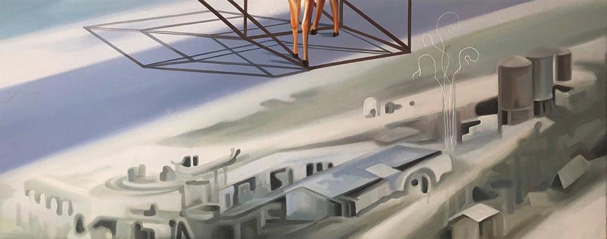 Terrestrial Verses-I, paysage urbain de cerf, huile sur toile, gris, bleu, blanc, en stock 2