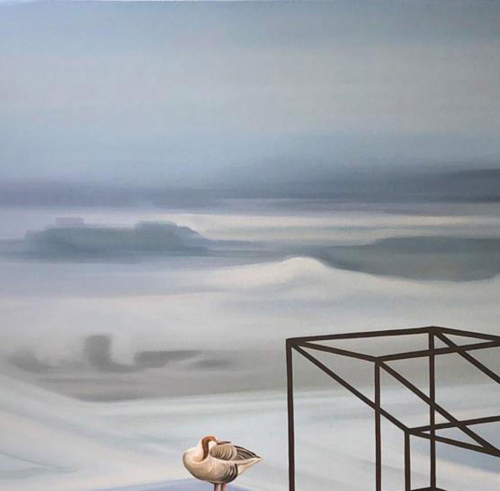 Terrestrial Verses II , Snow Covered City Scape, Grey Blue, Oil Canvas 