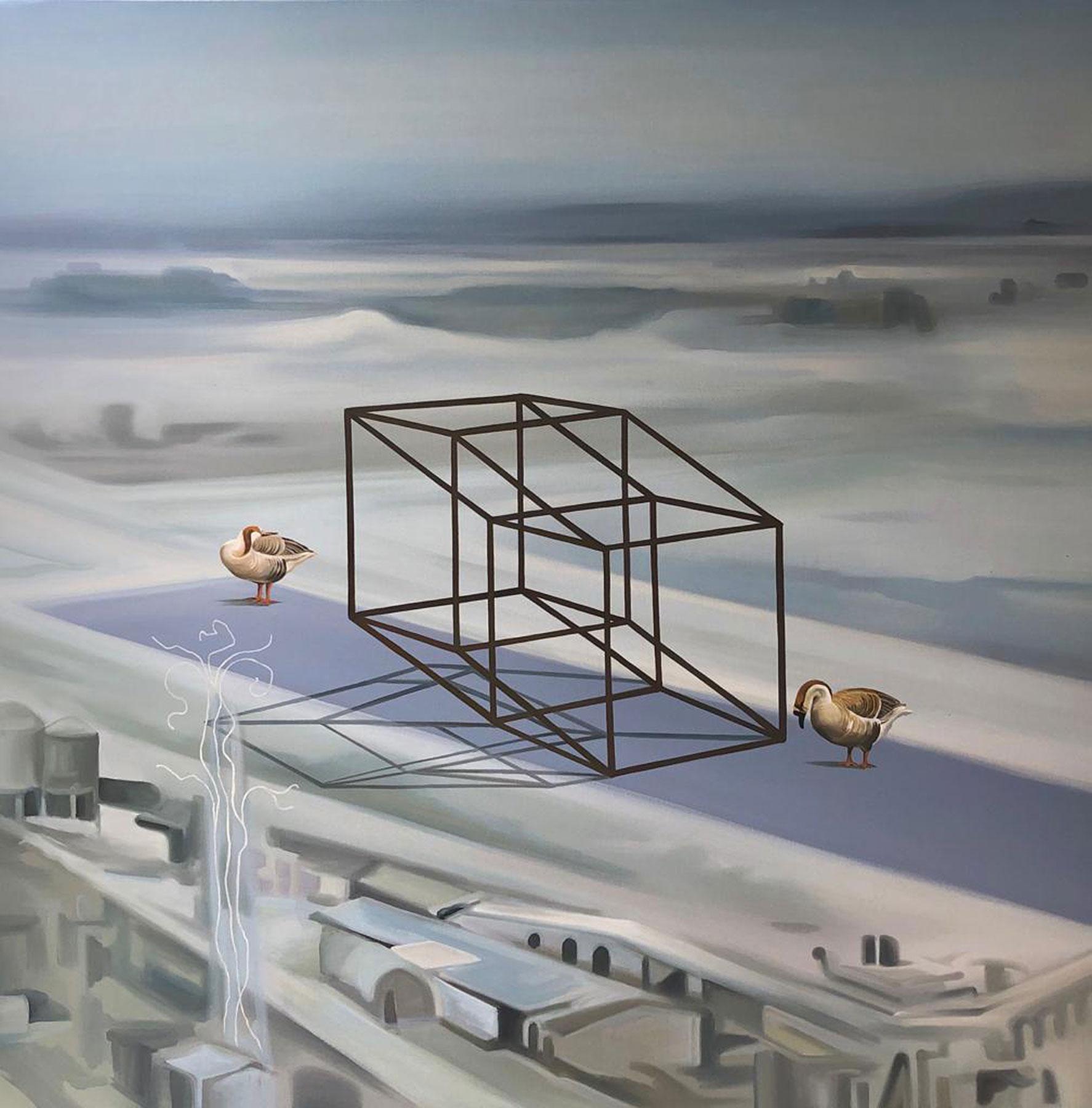Landscape Painting de Murali Cheeroth - Versos Terrestres II , Paisaje Urbano Cubierto de Nieve, Gris Azul, Lienzo al Óleo "En Stock"