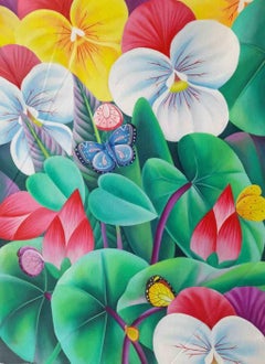 Butterflies, Oil on Canvas, Green, Red by Contemporary Indian Artist "In Stock"