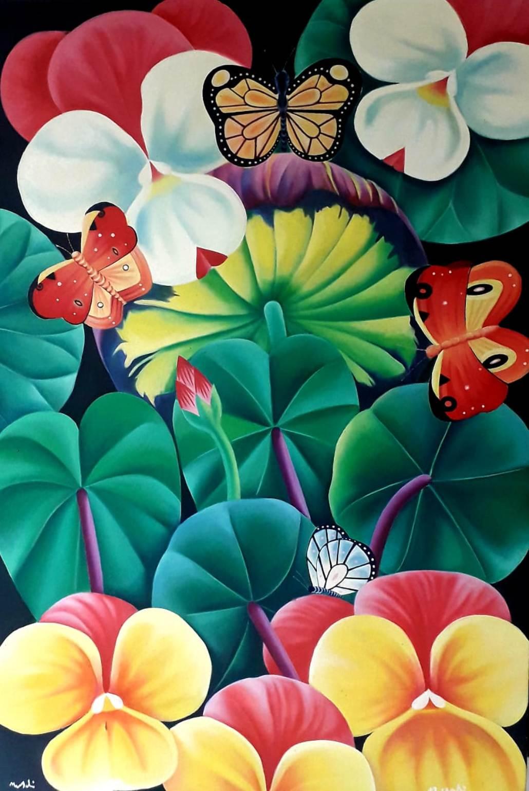 Murali Nagapuzha Landscape Painting - Butterflies, Oil on Canvas, Green, Red by Contemporary Indian Artist "In Stock"