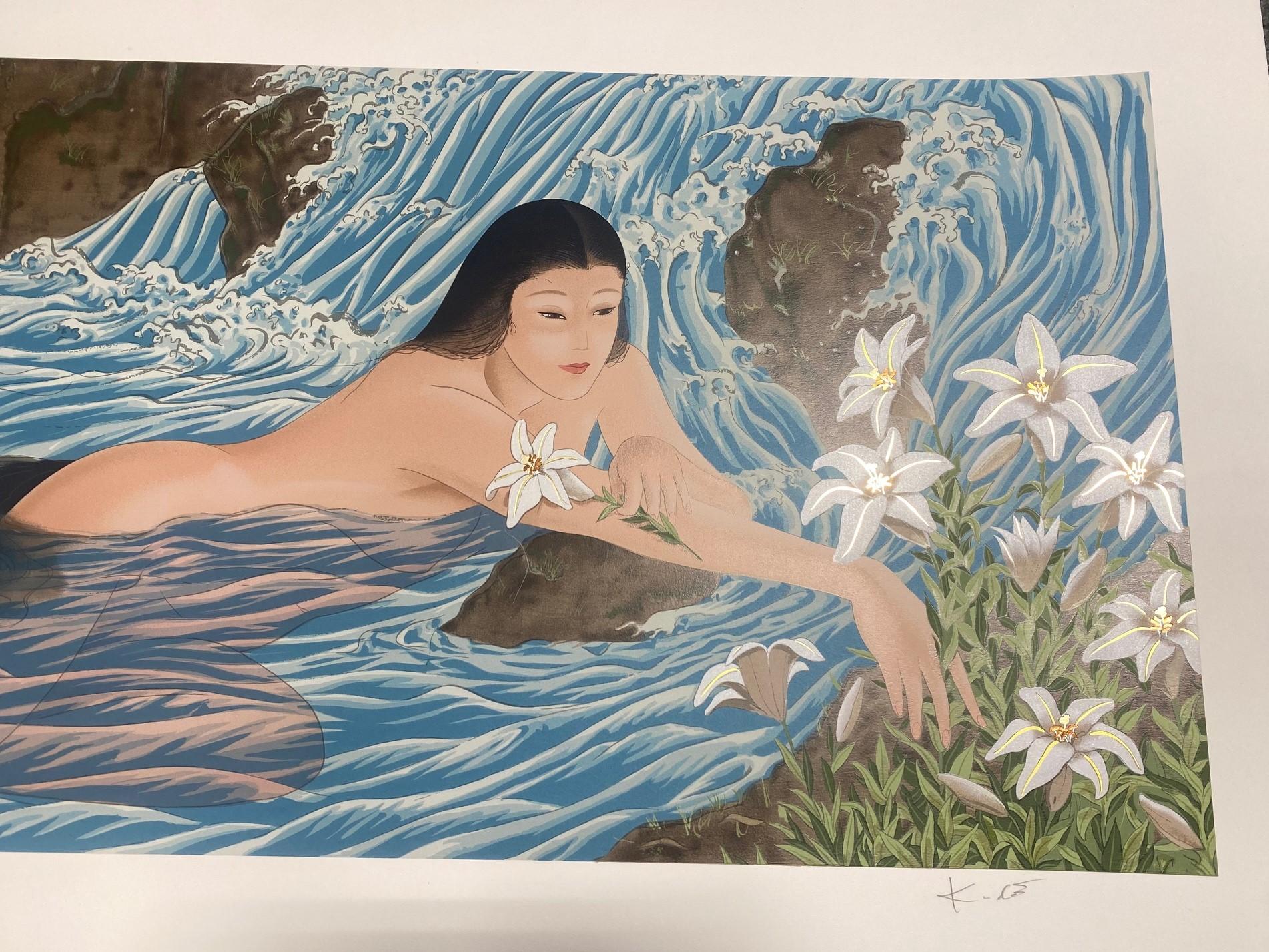 Modern Muramasa Kudo Signed Limited Edition Japanese Serigraph Print Lilies in Stream For Sale