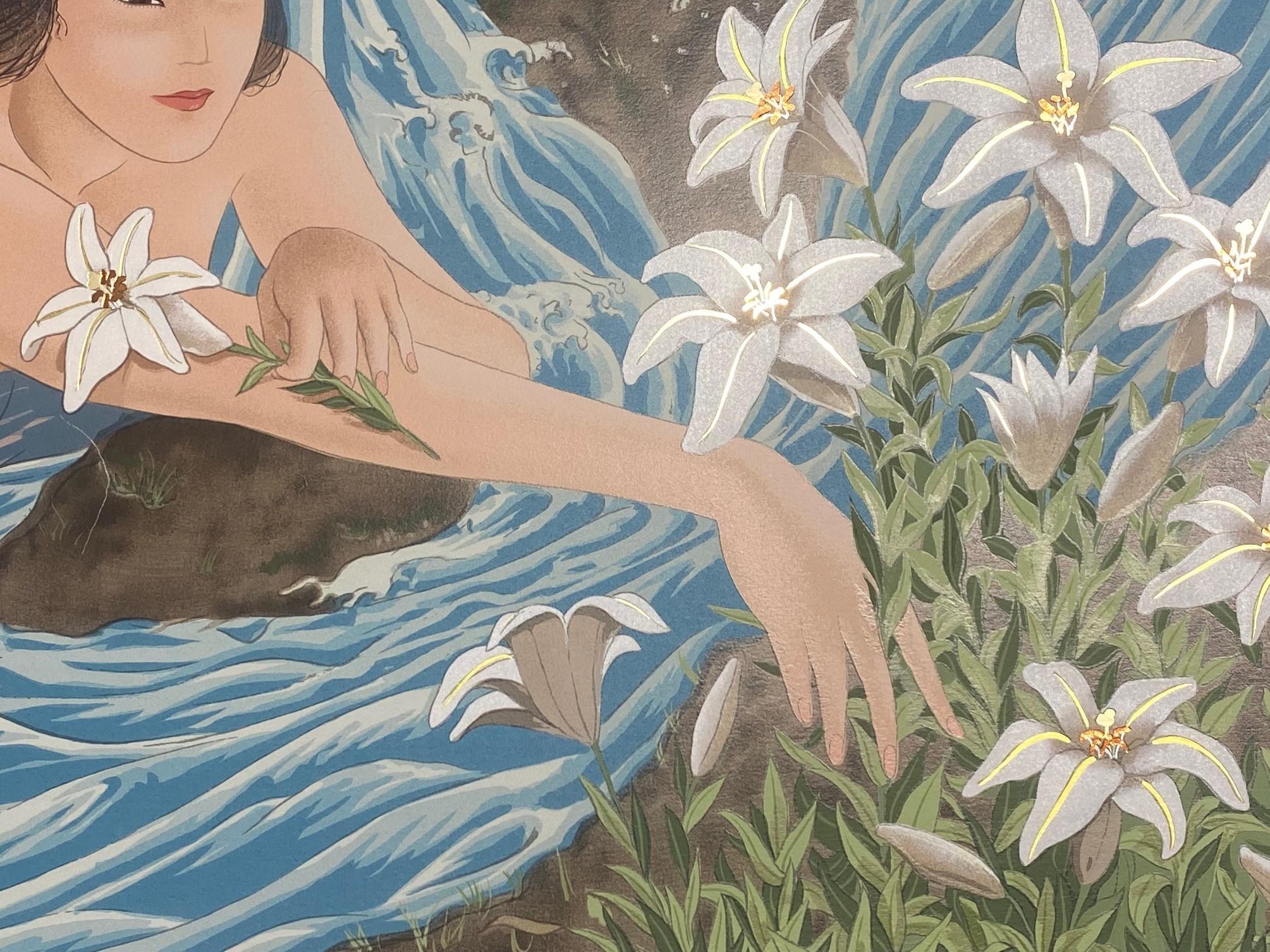 Late 20th Century Muramasa Kudo Signed Limited Edition Japanese Serigraph Print Lilies in Stream For Sale