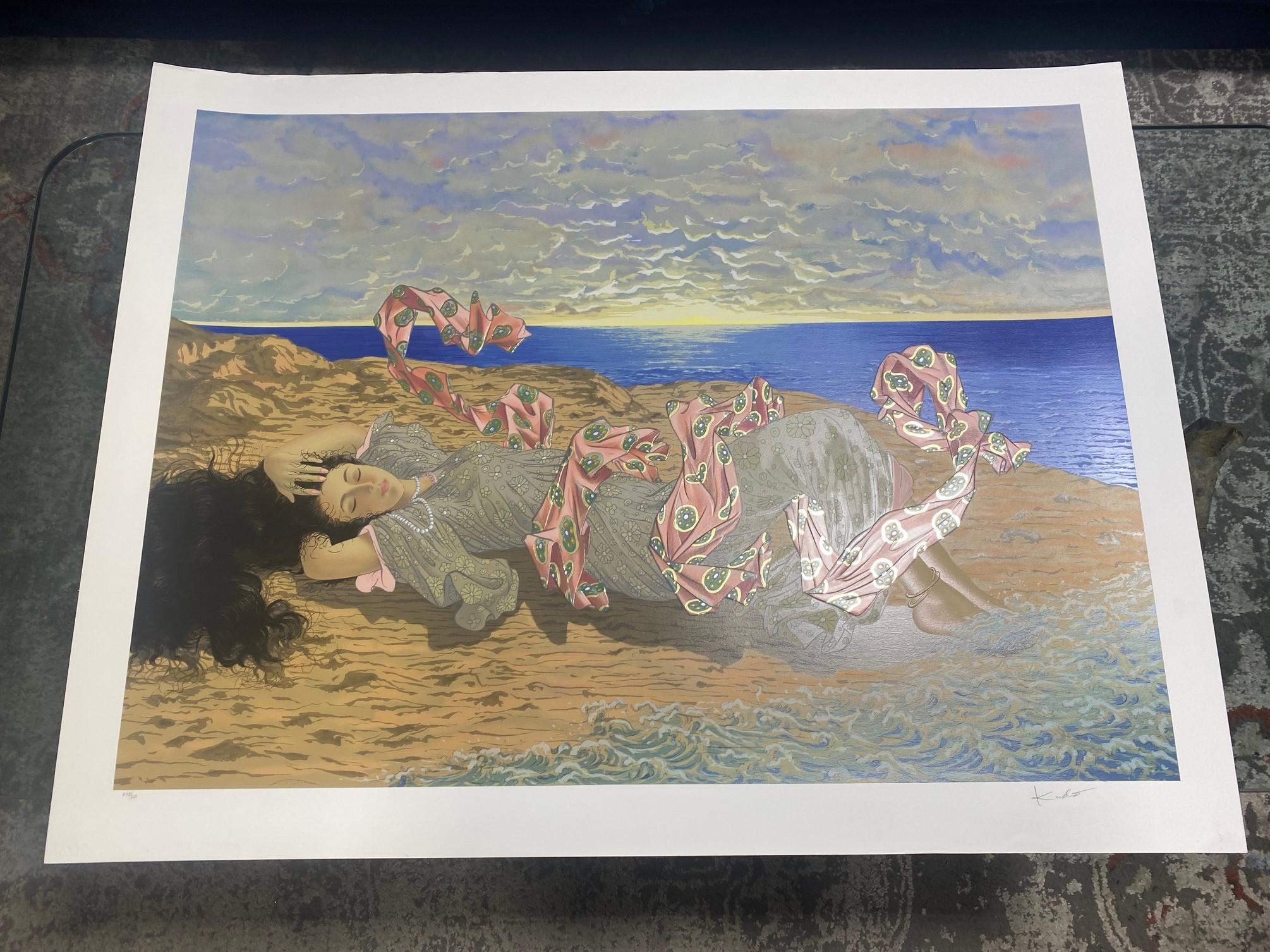 A beautiful and engaging large limited edition serigraph print by Japanese artist/print master Muramasa Kudo (1948-) titled 