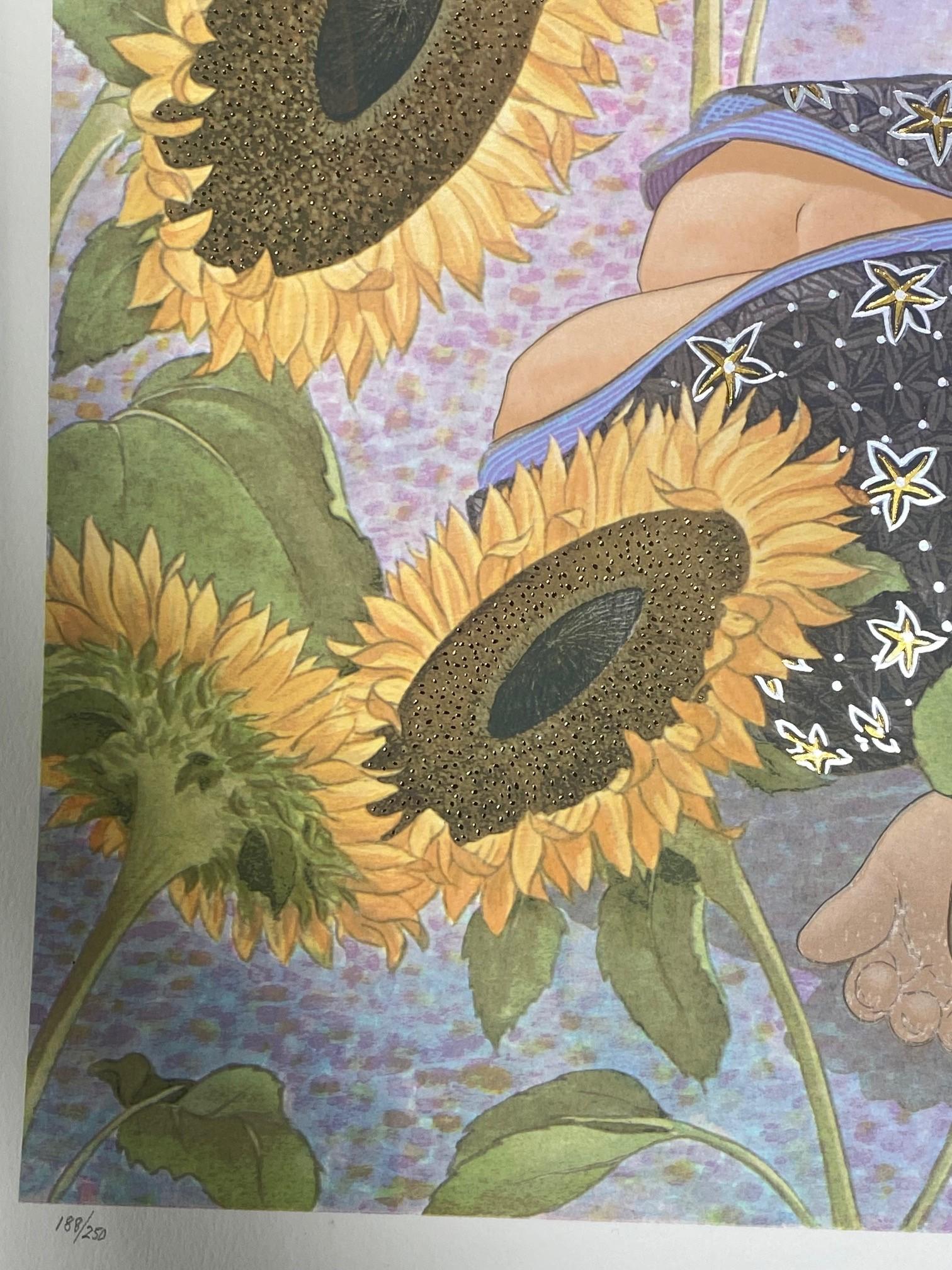 Late 20th Century Muramasa Kudo Signed Limited Edition Japanese Serigraph Print Sunflowers For Sale