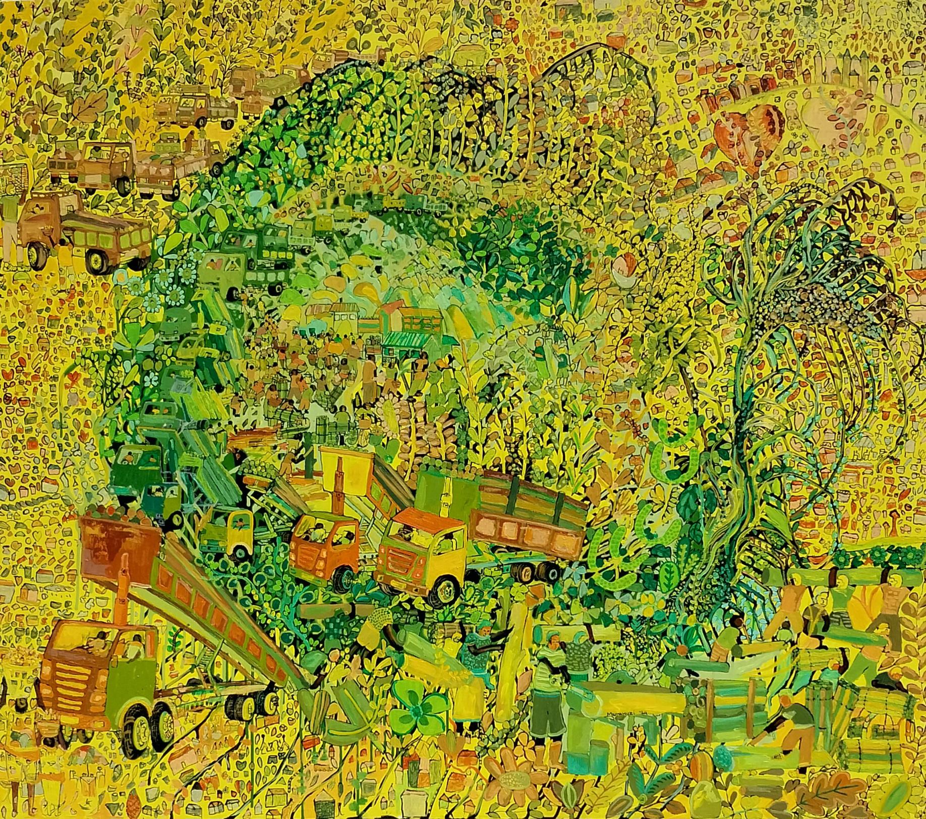 Lieferwagen auf dem Dorf - Gemälde, Acryl auf Leinwand