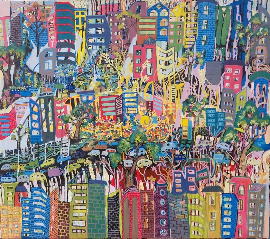 Happenings in der Hinterstadt I - Malerei, Acryl auf Leinwand