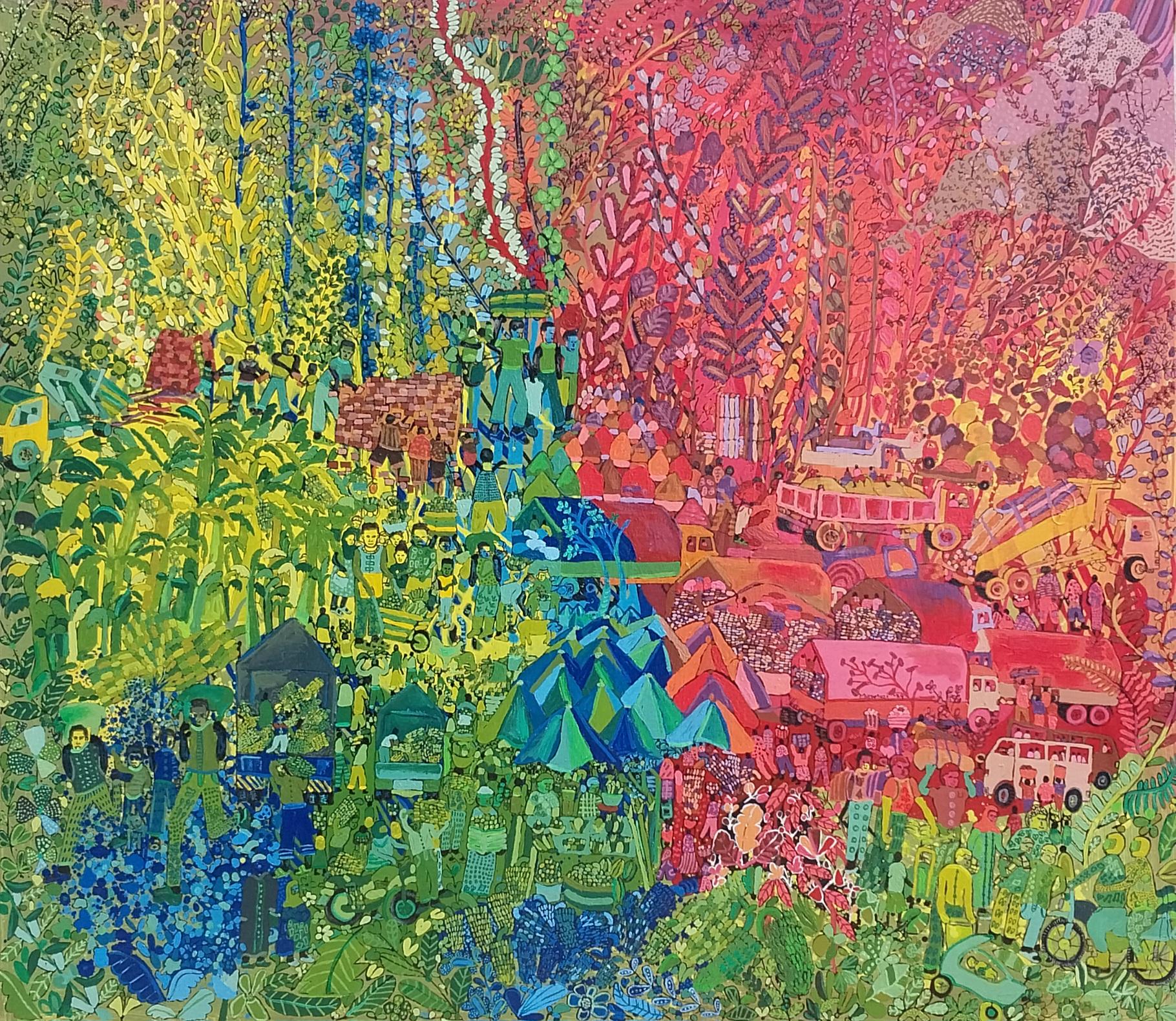 Matooke Markt im Dorf - Gemälde, Acryl auf Leinwand