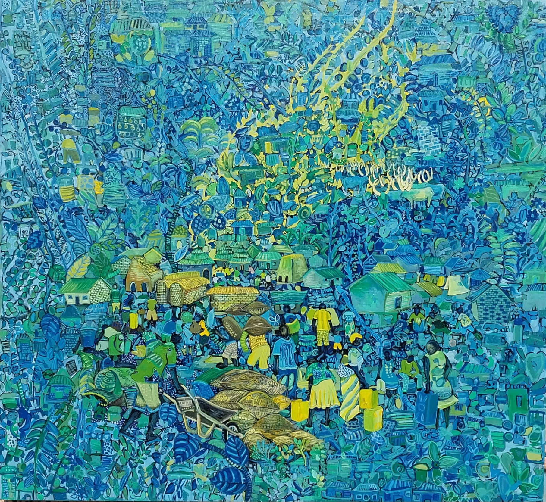 Abladen vom Dorfplatz - Gemälde, Acryl auf Leinwand