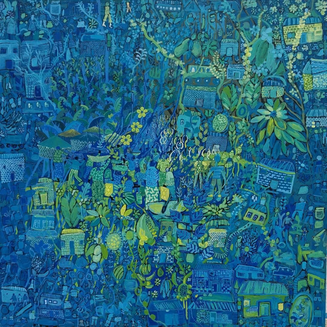 Dorf im Wald II - Gemälde, Acryl auf Leinwand