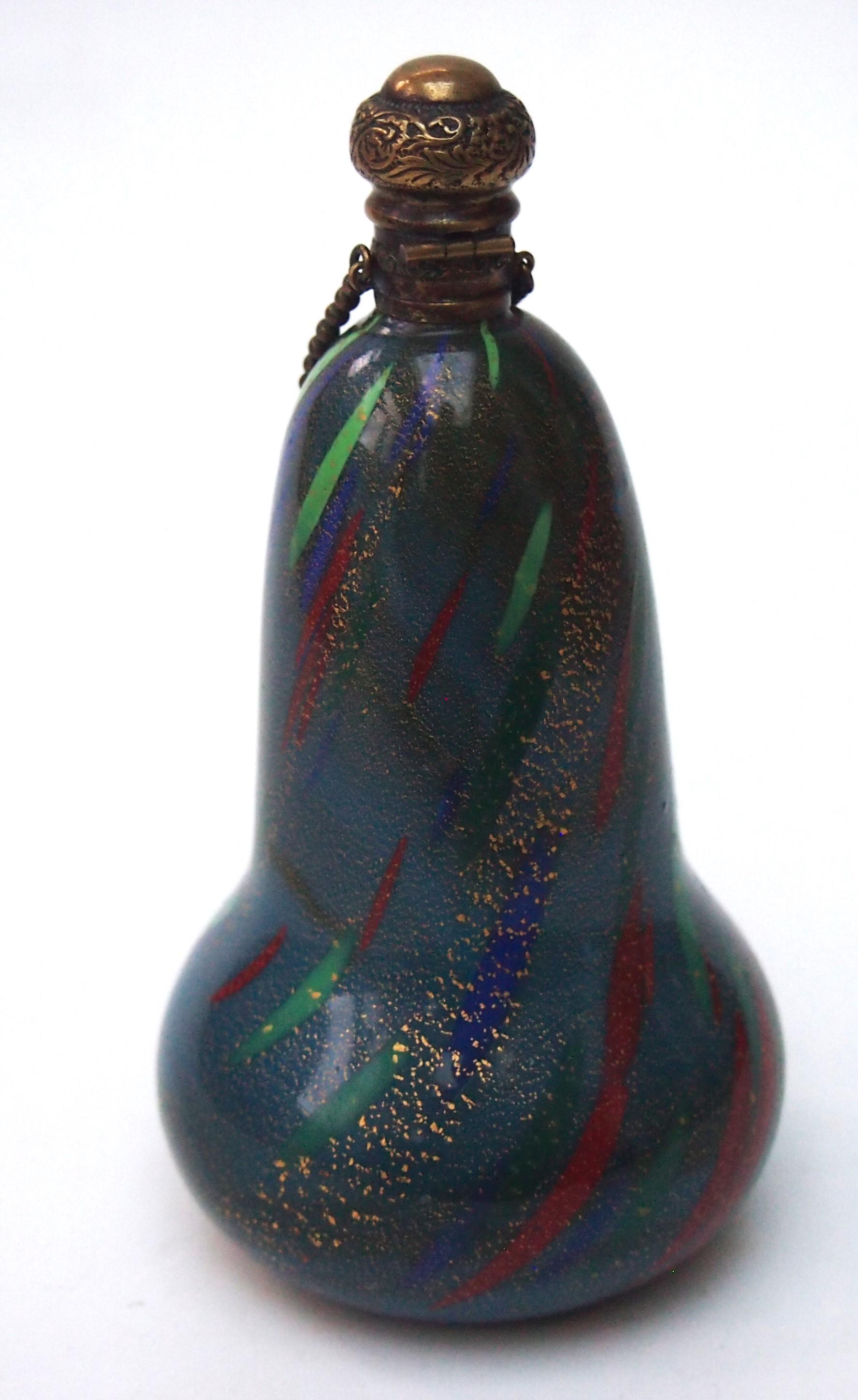 Art Nouveau Murano 1890s Chatelaine Scent Bottle w/original Metal Cap & Inner Glass Stopper For Sale