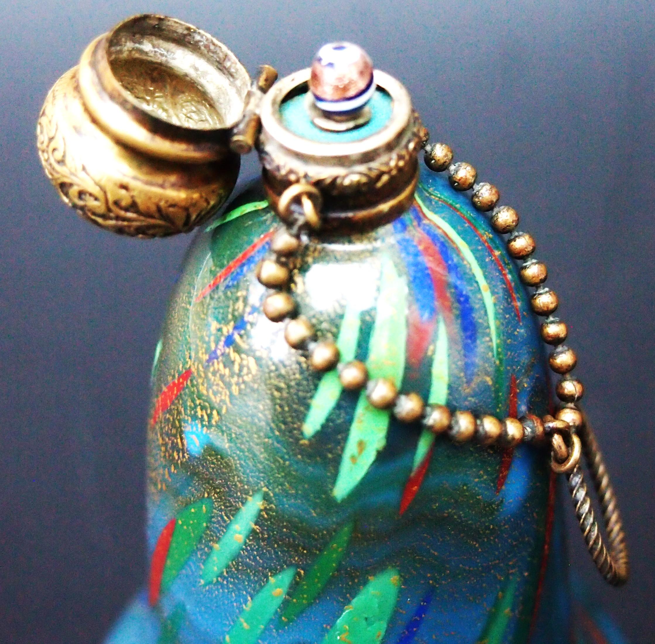 Art Glass Murano 1890s Chatelaine Scent Bottle w/original Metal Cap & Inner Glass Stopper For Sale