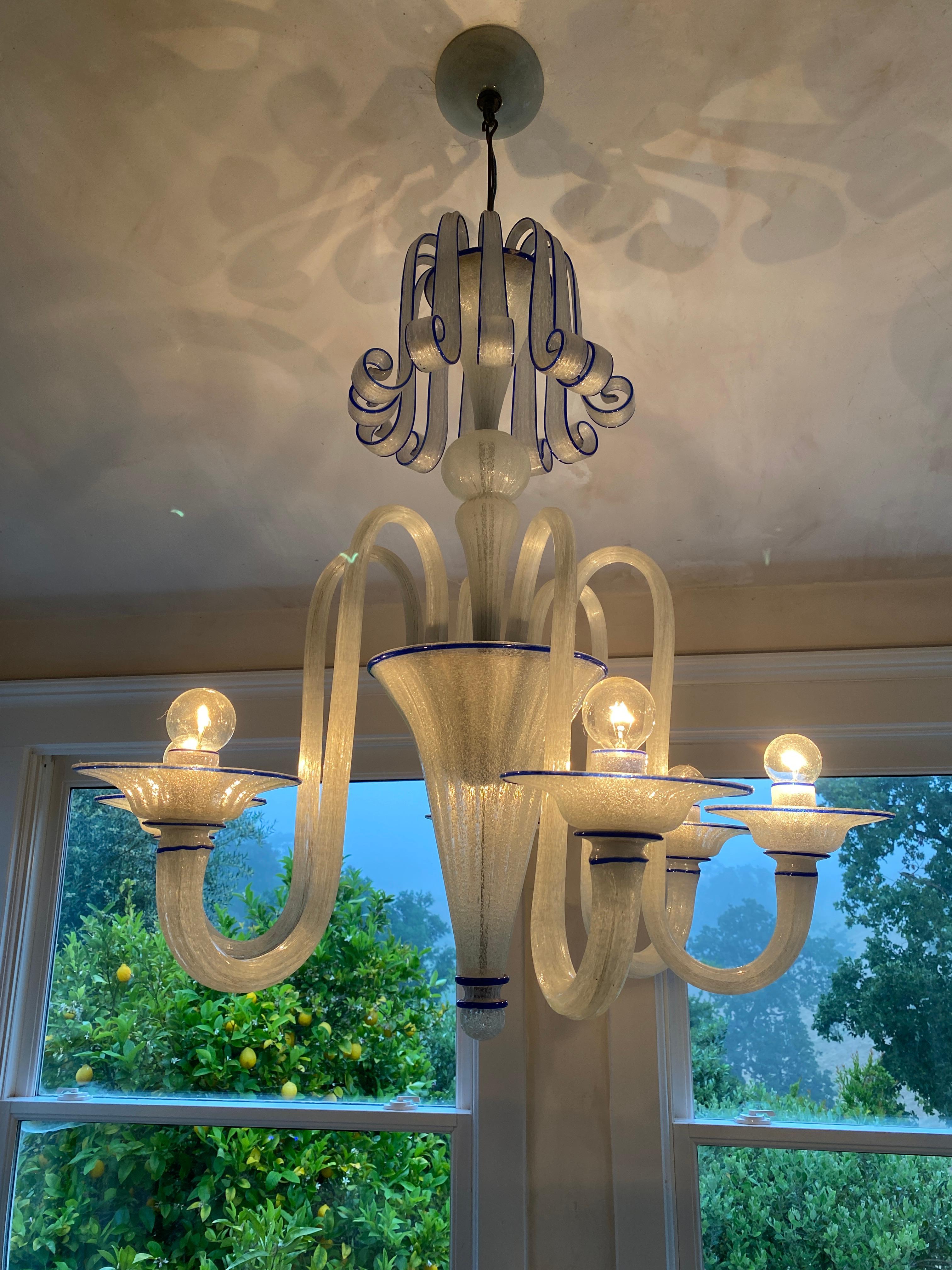 Murano 1940's Chandelier opaline seeded white with Cobalt Blue accent For Sale 8