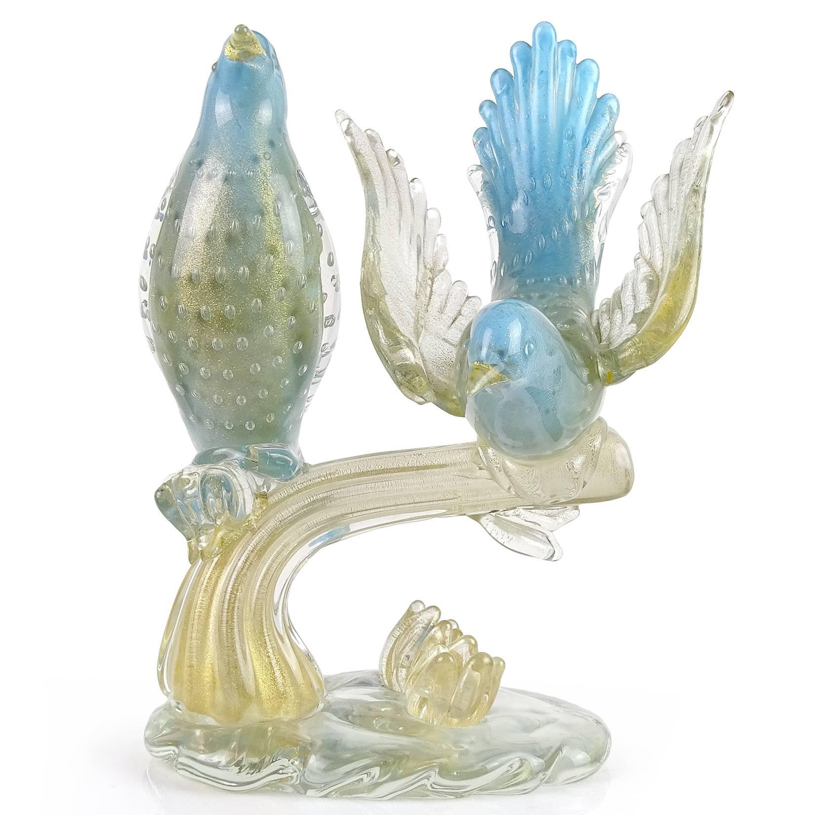 Mid-Century Modern Murano 1950s Blue Gold Flecks Italian Art Glass Birds on Branch Sculpture