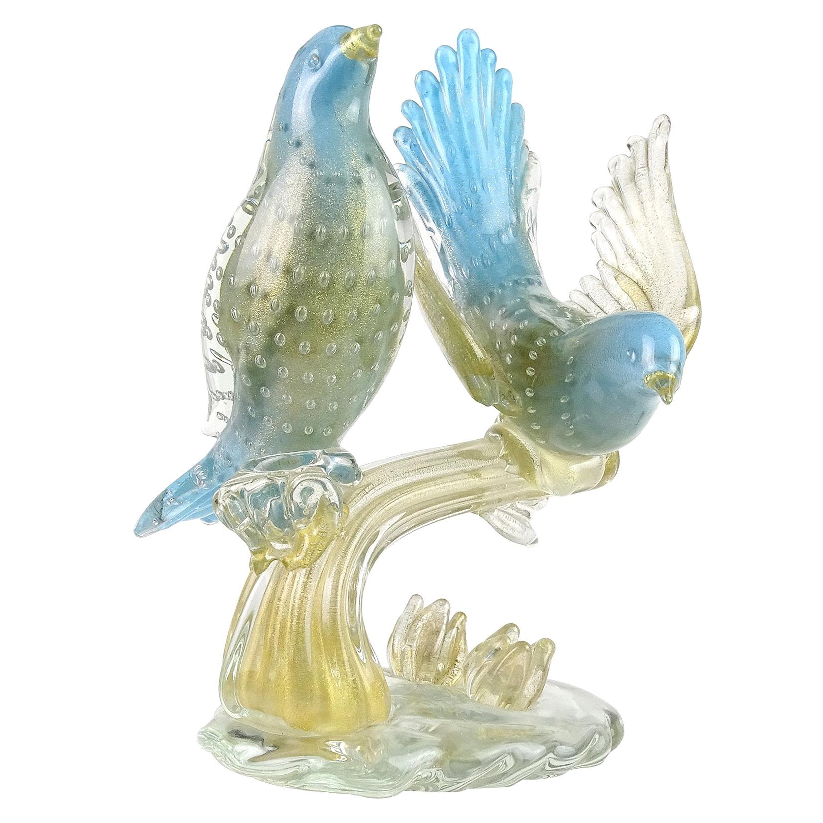 Murano 1950s Blue Gold Flecks Italian Art Glass Birds on Branch Sculpture