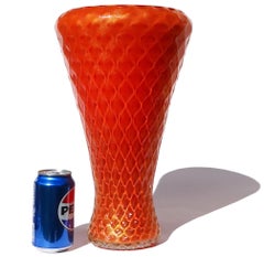 Murano 1950s Orange Gold Flecks Diamond Quilted Italian Art Glass Flower Vase