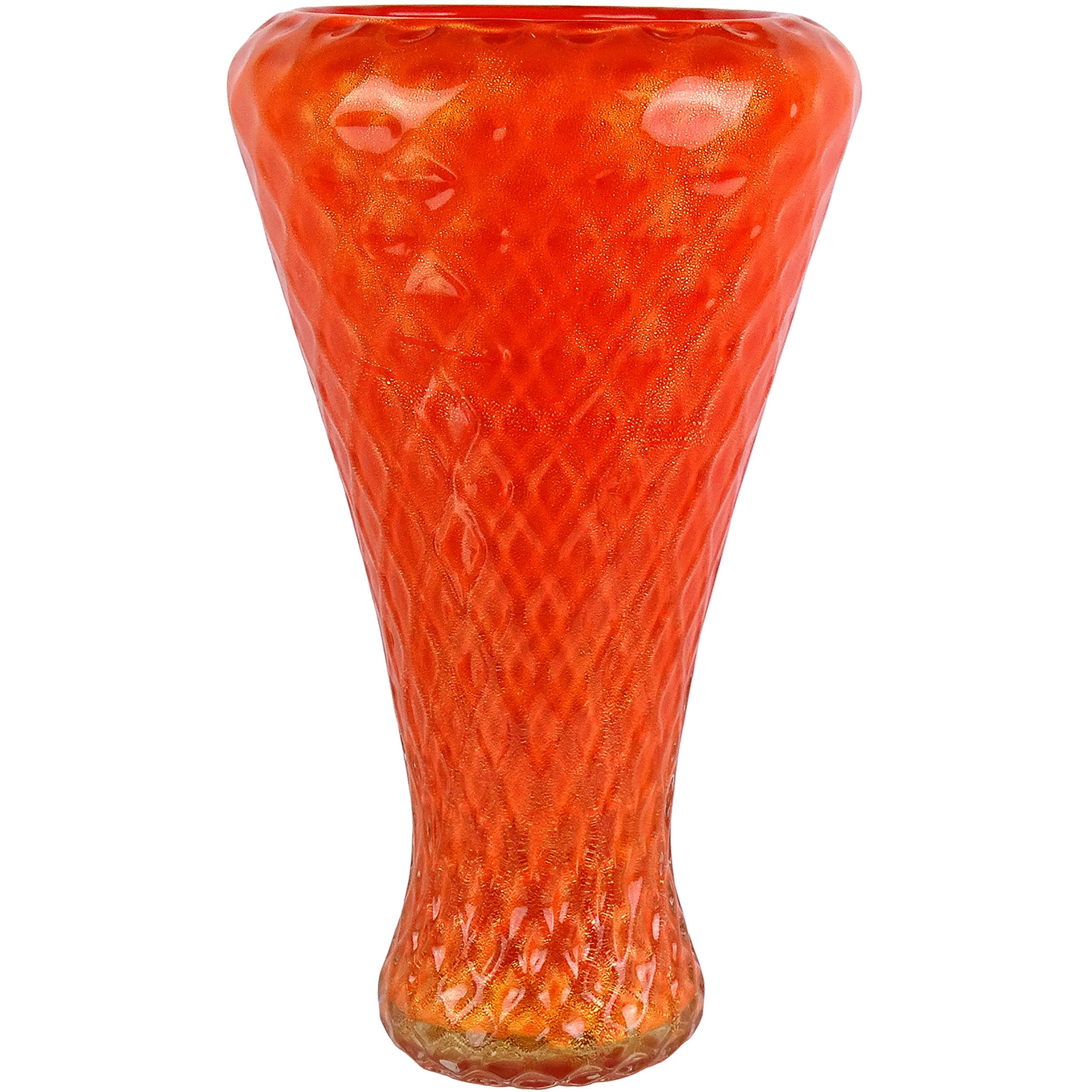 Murano 1950s Orange Gold Flecks Diamond Quilted Italian Art Glass Flower Vase