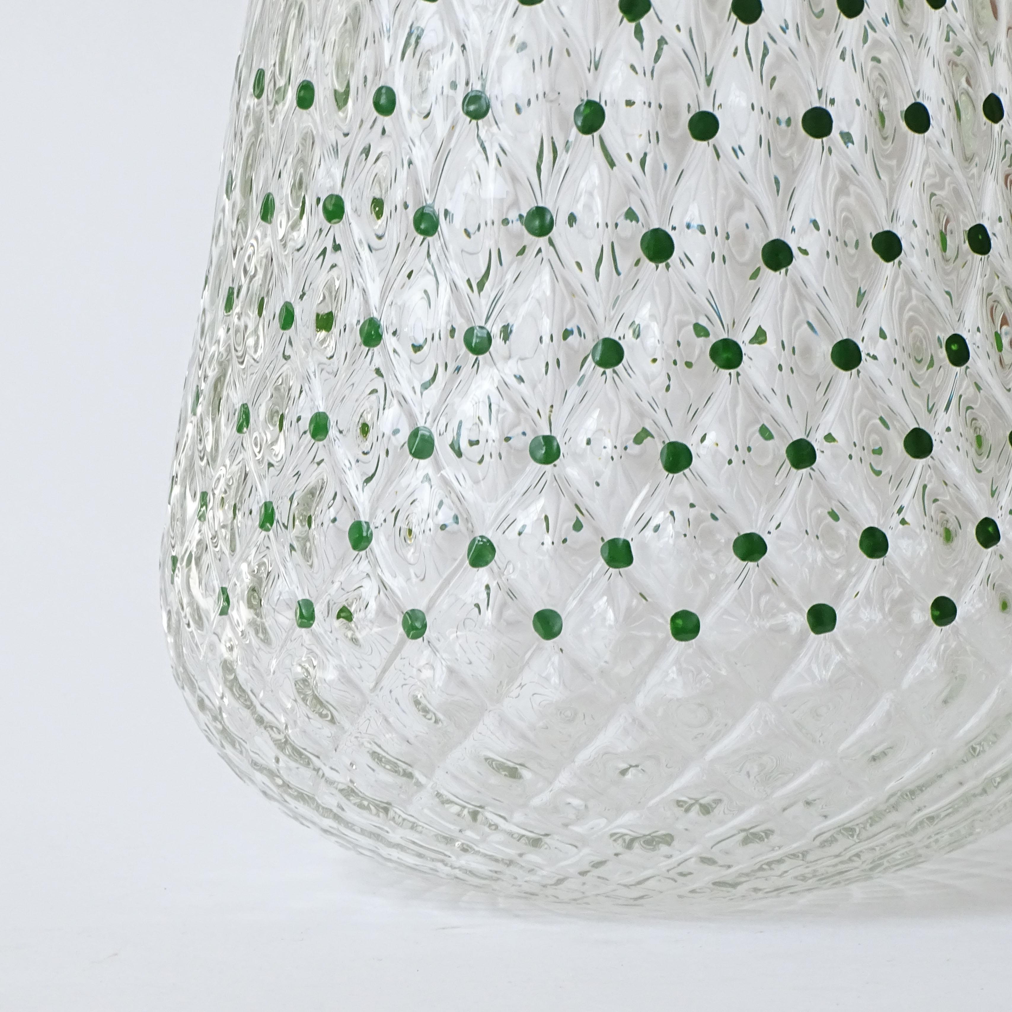 Murano 1960s Balloton Technique Blown Glass Table Lamp with Green Enamel Dots.
