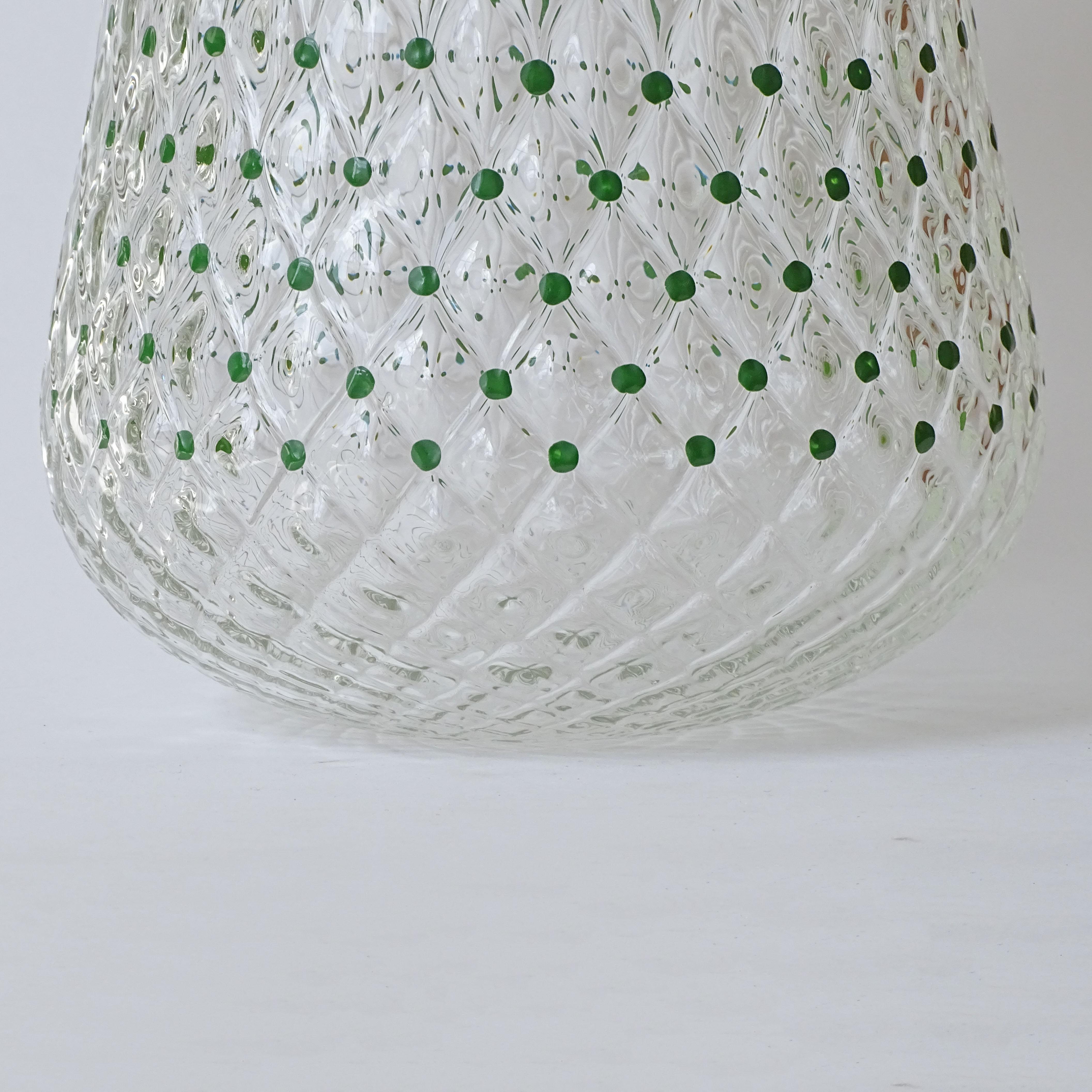 Italian Murano 1960s Blown Glass Table Lamp with Green Enamel Dots. For Sale