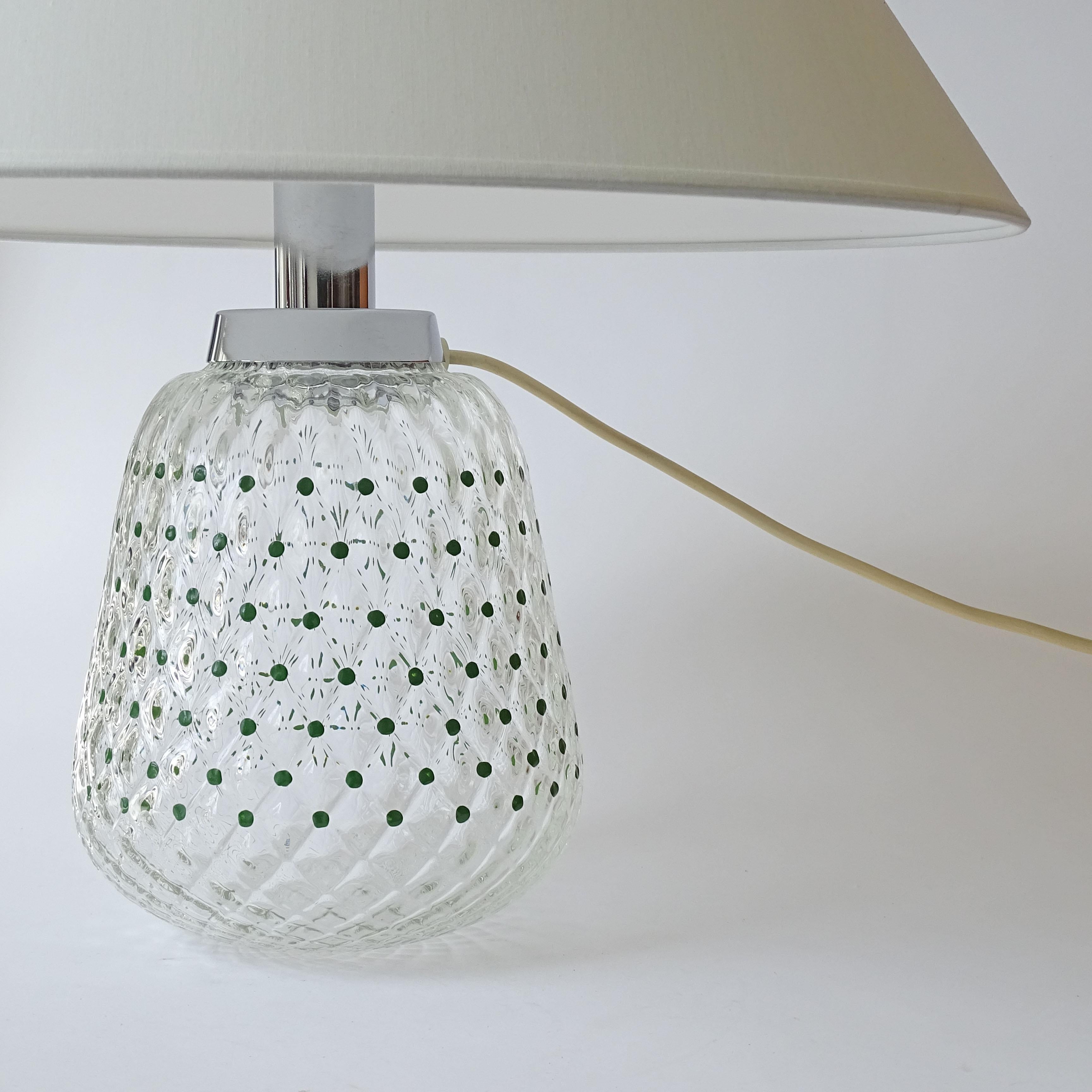 Mid-20th Century Murano 1960s Blown Glass Table Lamp with Green Enamel Dots. For Sale