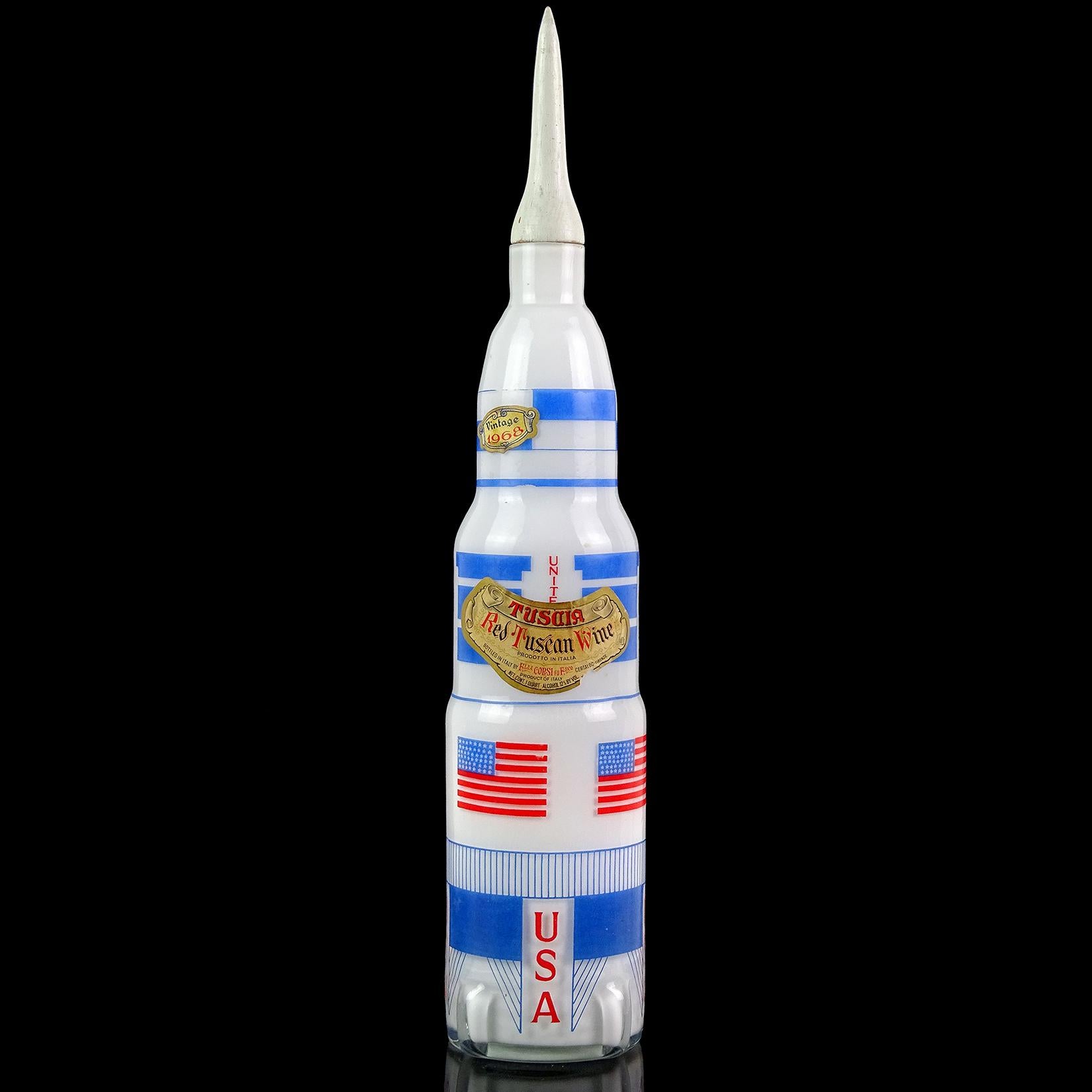 Mid-Century Modern Murano 1968 Apollo Mission Hand Painted Italian Art Glass Rocket Liquor Decanter