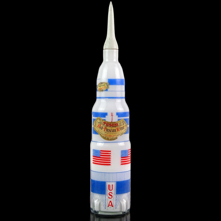 Mid-Century Modern Murano 1968 Apollo Mission Hand Painted Italian Art Glass Rocket Liquor Decanter For Sale