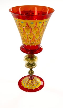 Murano 1980s Enameled Ruby Glass Goblet With Gold Aventurine Stem