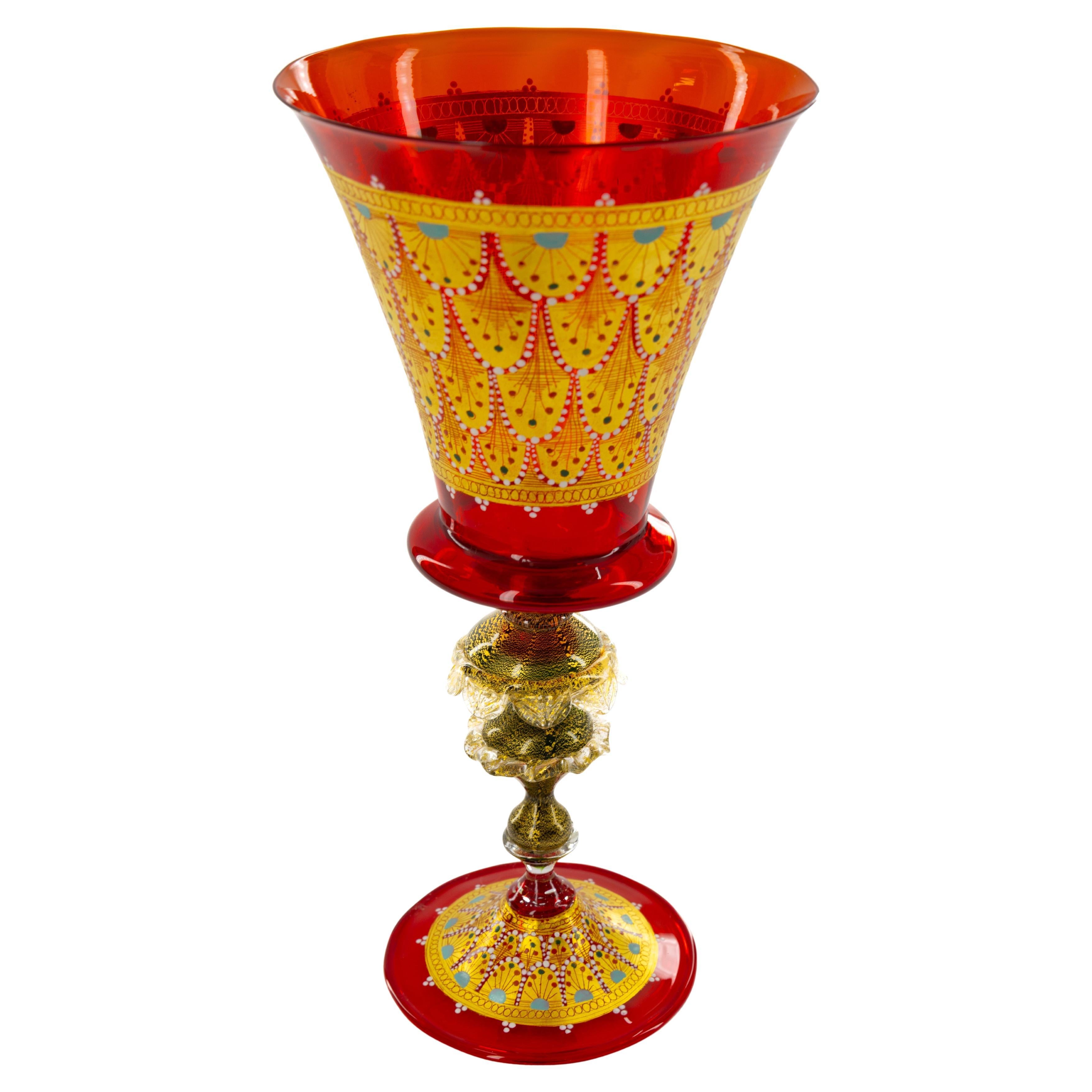 Murano 1980s Enameled Ruby Glass Goblet With Gold Aventurine Stem