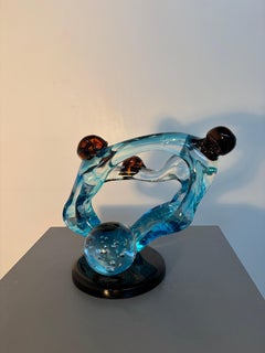Murano Abstract Blue Art Glass Sculpture with Amber Spheres