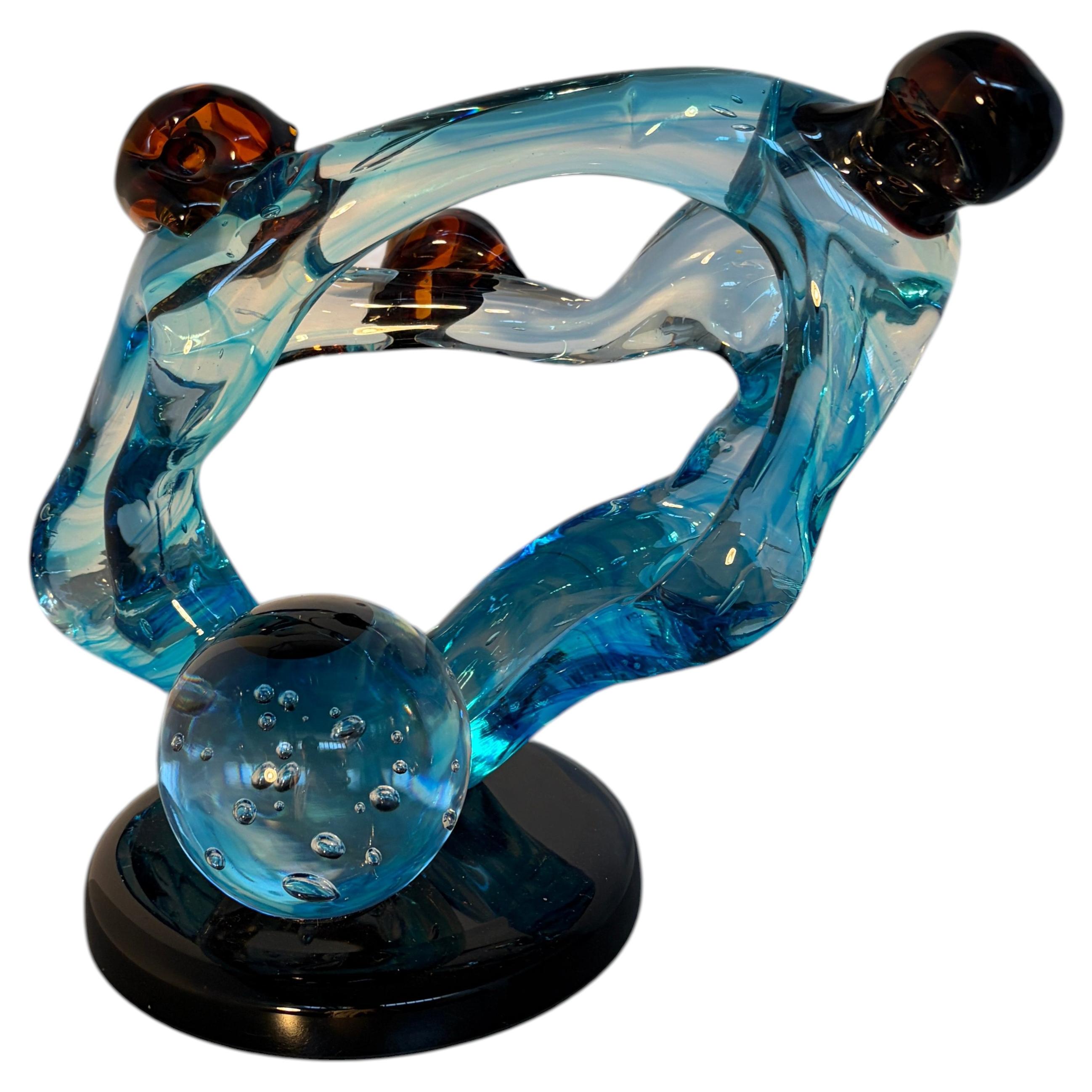 Murano Abstract Blue Art Glass Sculpture with Amber Spheres in vendita