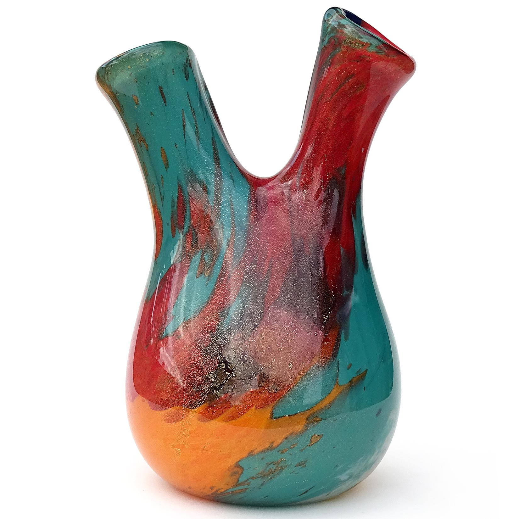Mid-Century moderno Vaso da fiori in vetro artistico di Murano, astratto, pittorico e orientale, a macchie d'oro in vendita