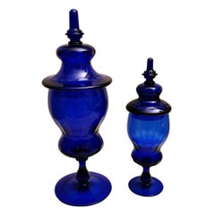 Murano "Albarelli" Italian Pair of Bottles with Lid Blue Blown Glass
