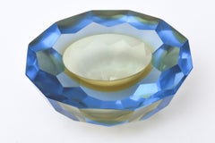 Vintage Murano Mandruzzato Diamond Faceted Geode Glass Bowl Sommerso Blue, Green