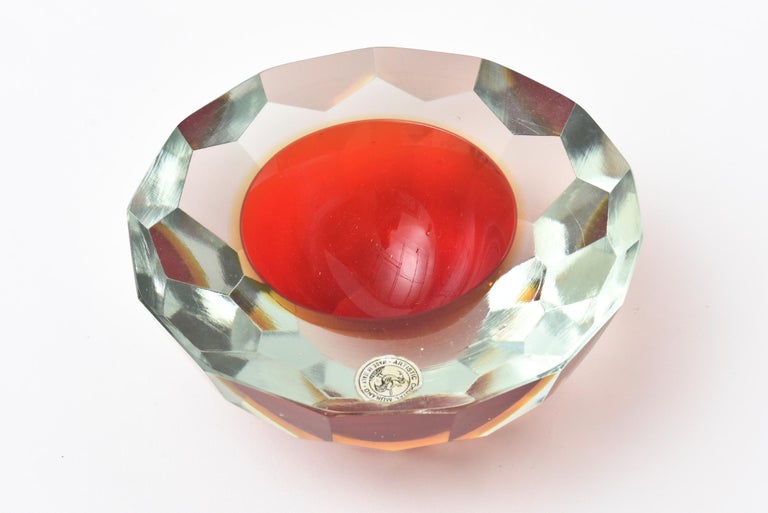 Modern Murano Alessandro Mandruzzato Faceted Geode Red Glass Bowl or Caviar Bowl For Sale