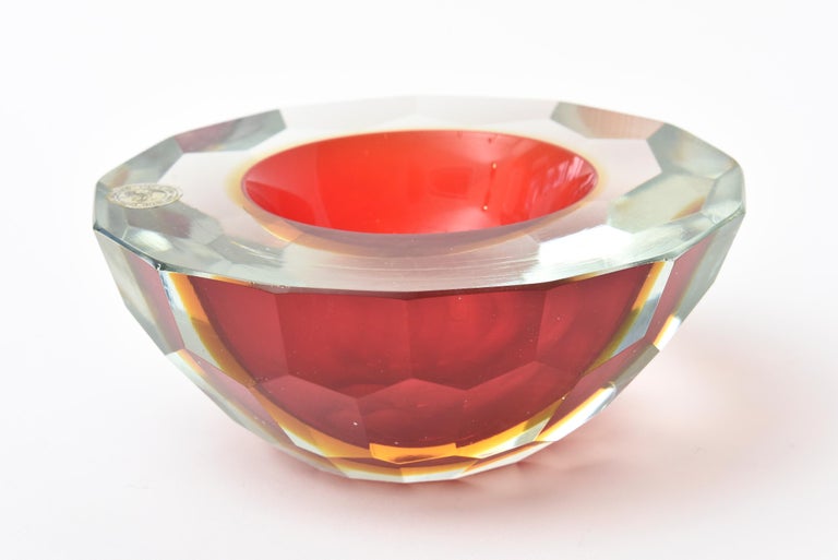 Italian Murano Alessandro Mandruzzato Faceted Geode Red Glass Bowl or Caviar Bowl For Sale