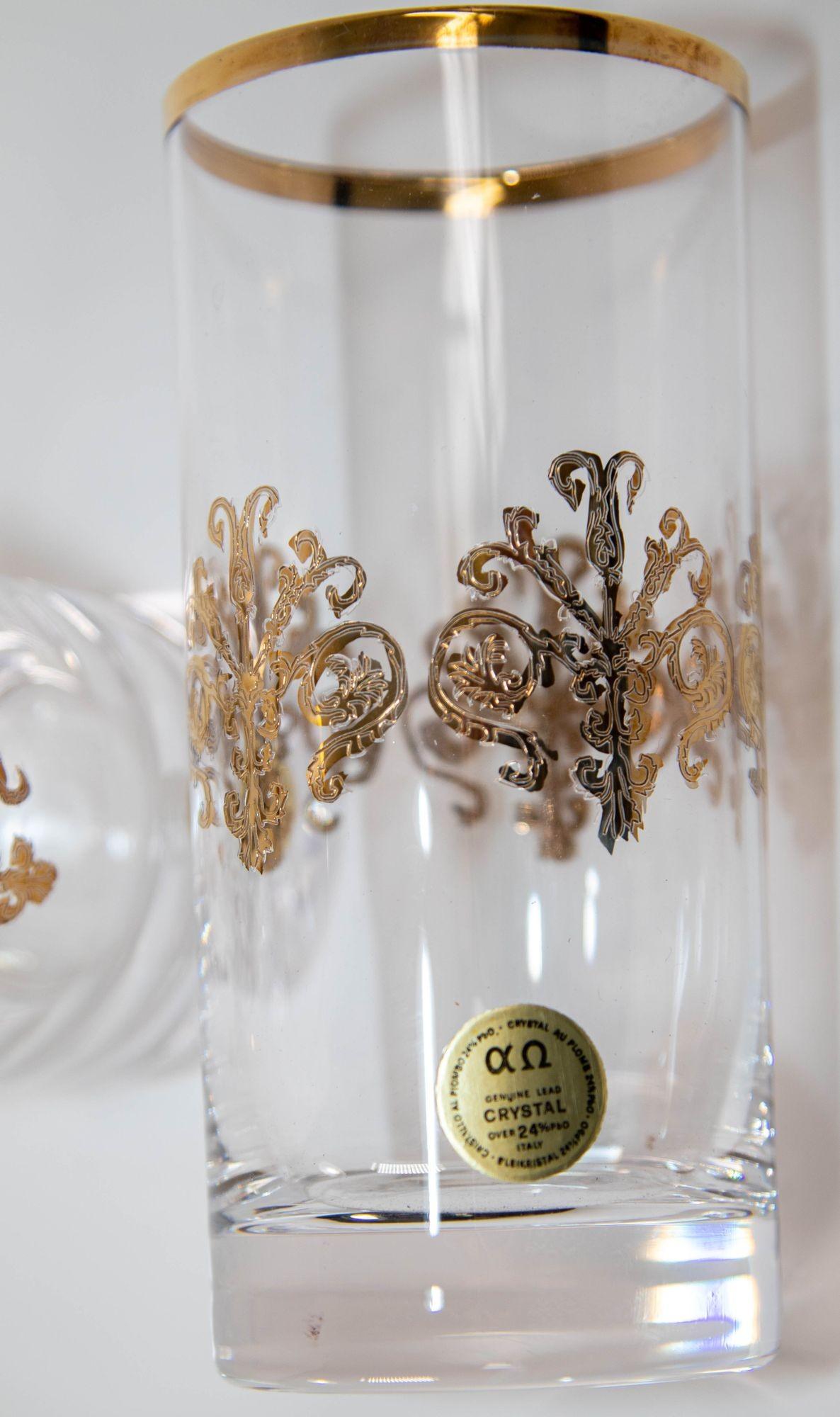 Murano Alfa & Omega Crystal Drinking Glasses set of 10 Luxury Barware 24 Kt Gold For Sale 2