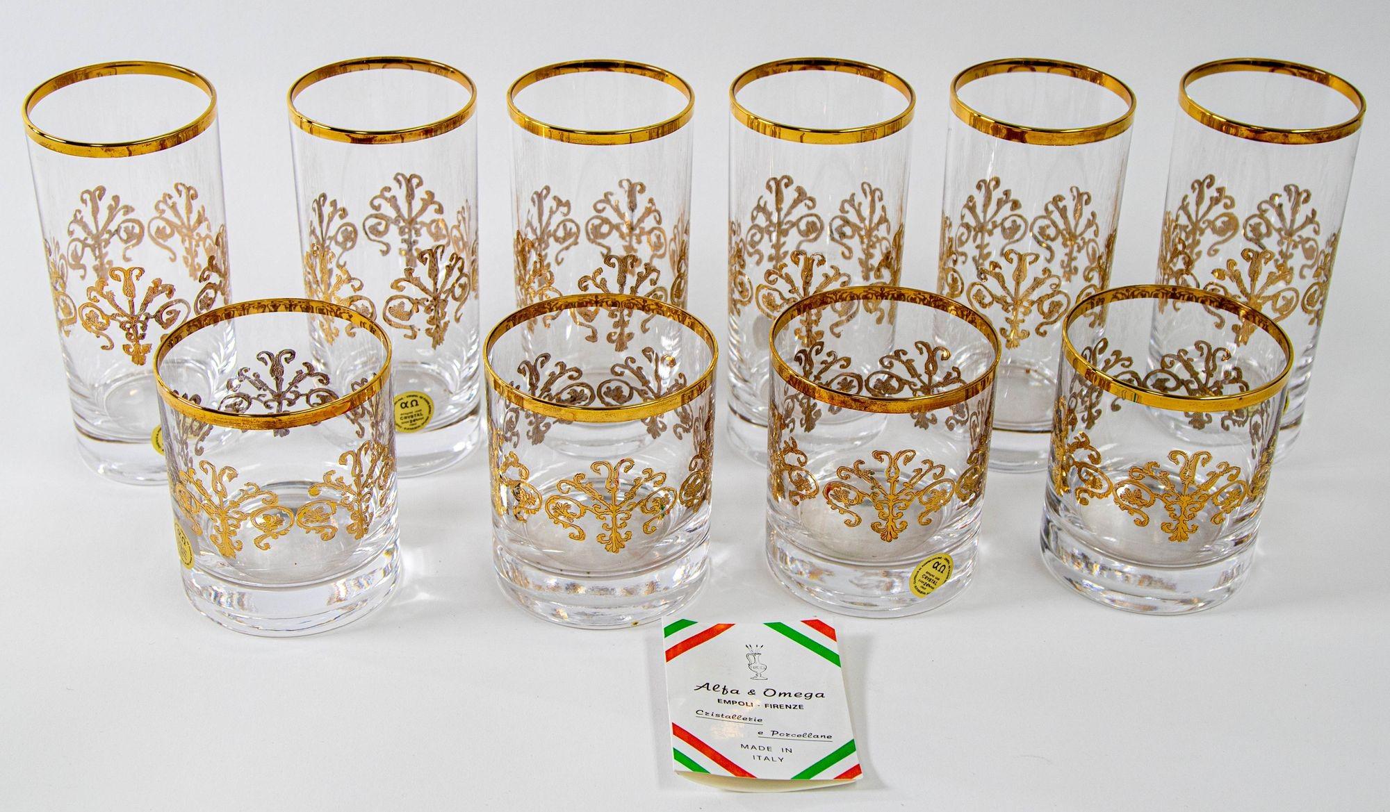 Murano Alfa & Omega Crystal Drinking Glasses set of 10 Luxury Barware 24 Kt Gold For Sale 4