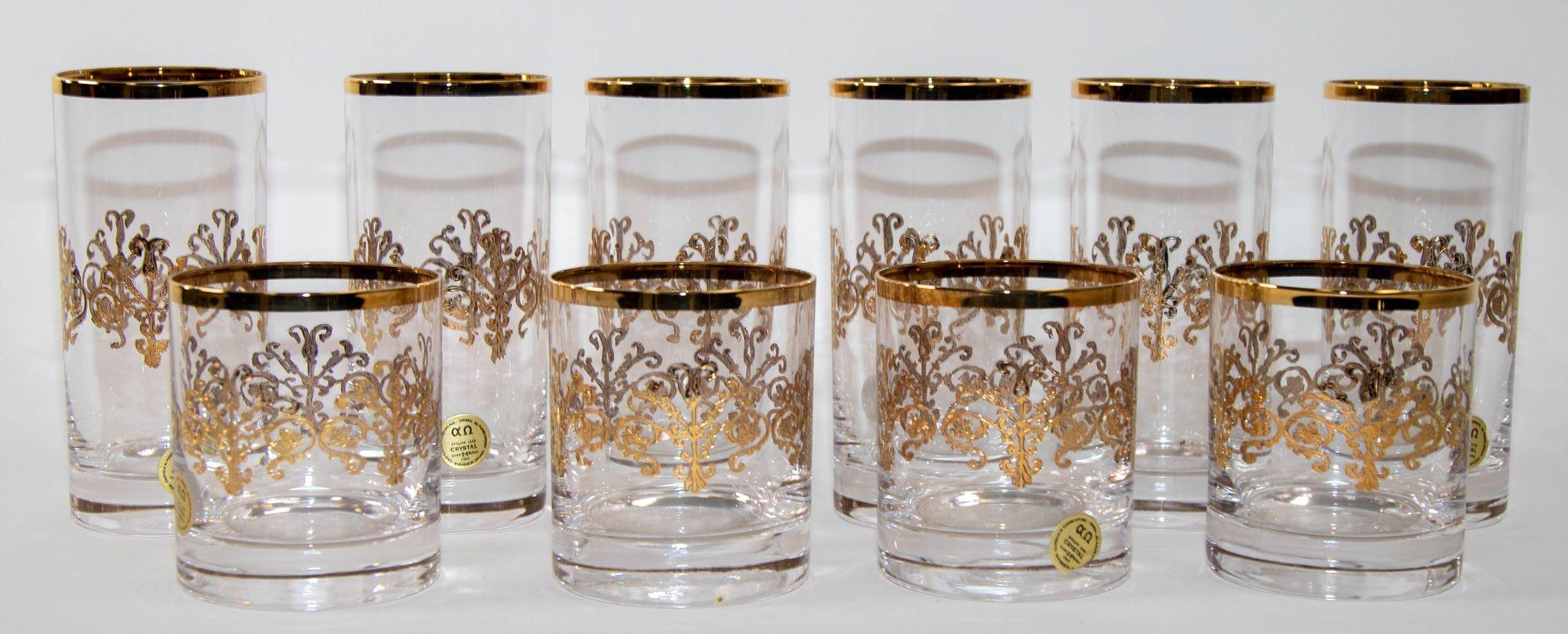 Murano Alfa & Omega Crystal Drinking Glasses set of 10 Luxury Barware 24 Kt Gold.
Gold leaf crystal barware glasses by Alfa and Omega Murano, Venice, Italy.
Murano Alfa and Omega Glasses Italian Barware Lot of 6 Tumblers and 4 whisky Glasses.
Murano