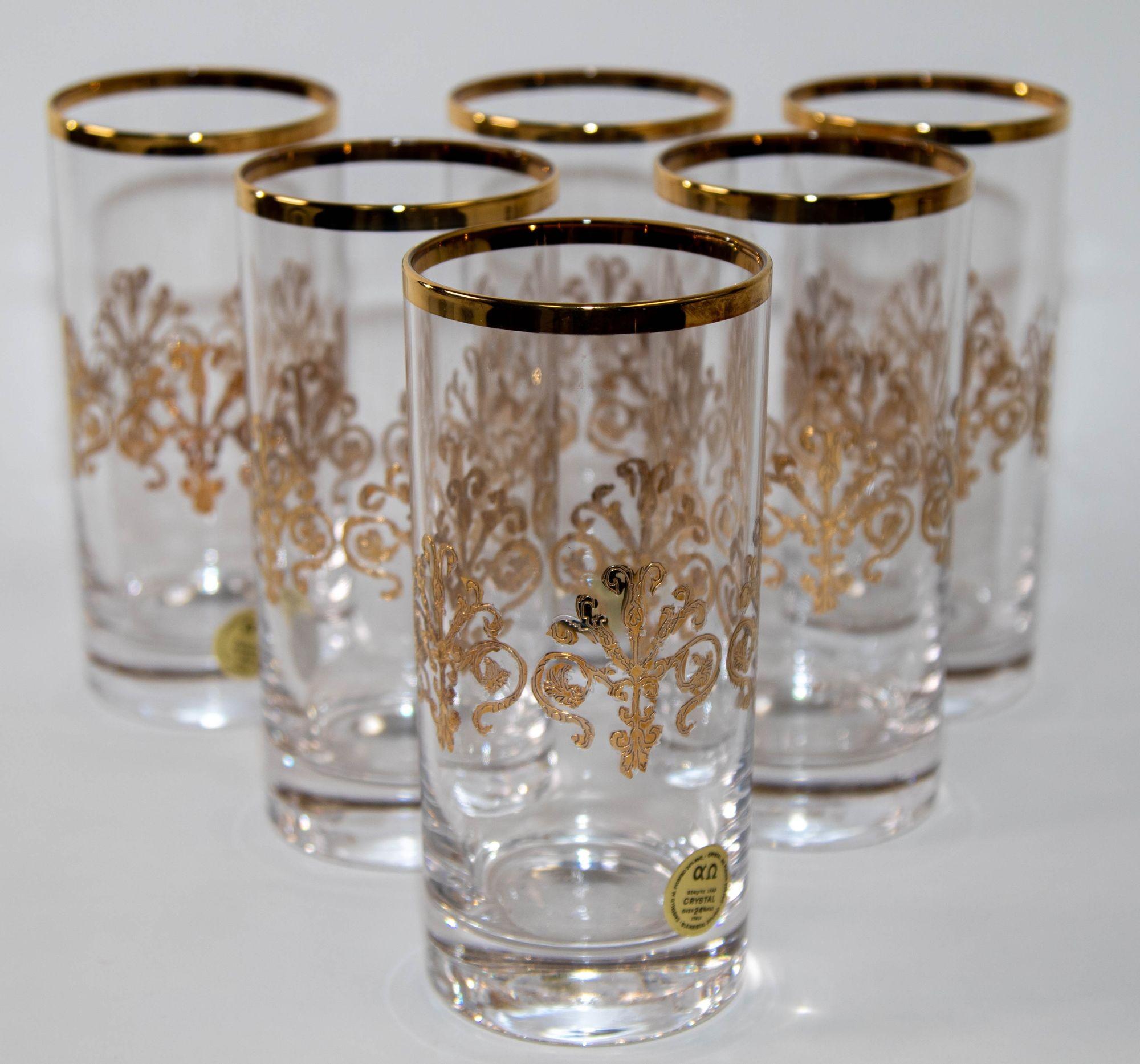 Baroque Murano Alfa & Omega Crystal Drinking Glasses set of 10 Luxury Barware 24 Kt Gold For Sale