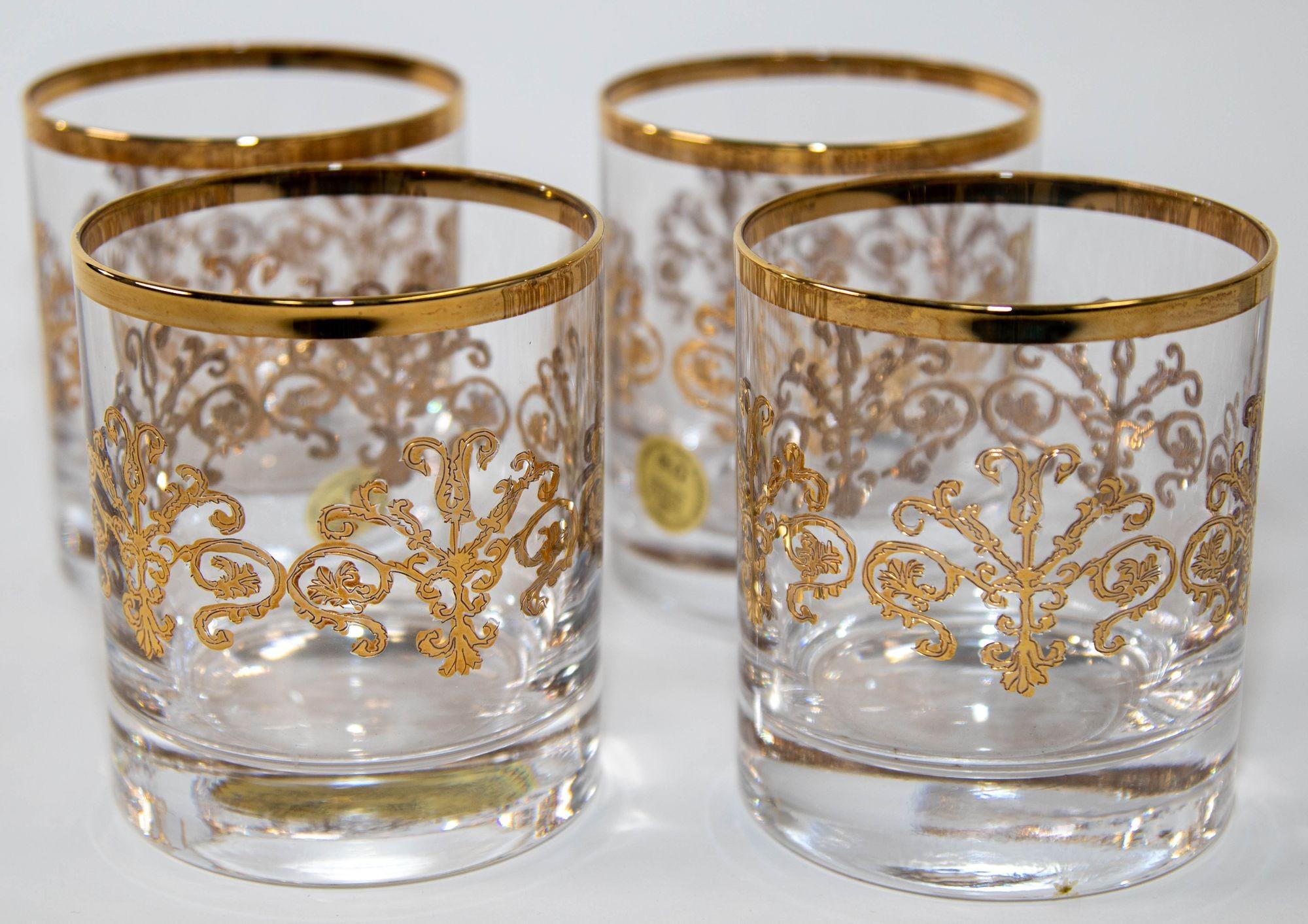 Italian Murano Alfa & Omega Crystal Drinking Glasses set of 10 Luxury Barware 24 Kt Gold For Sale