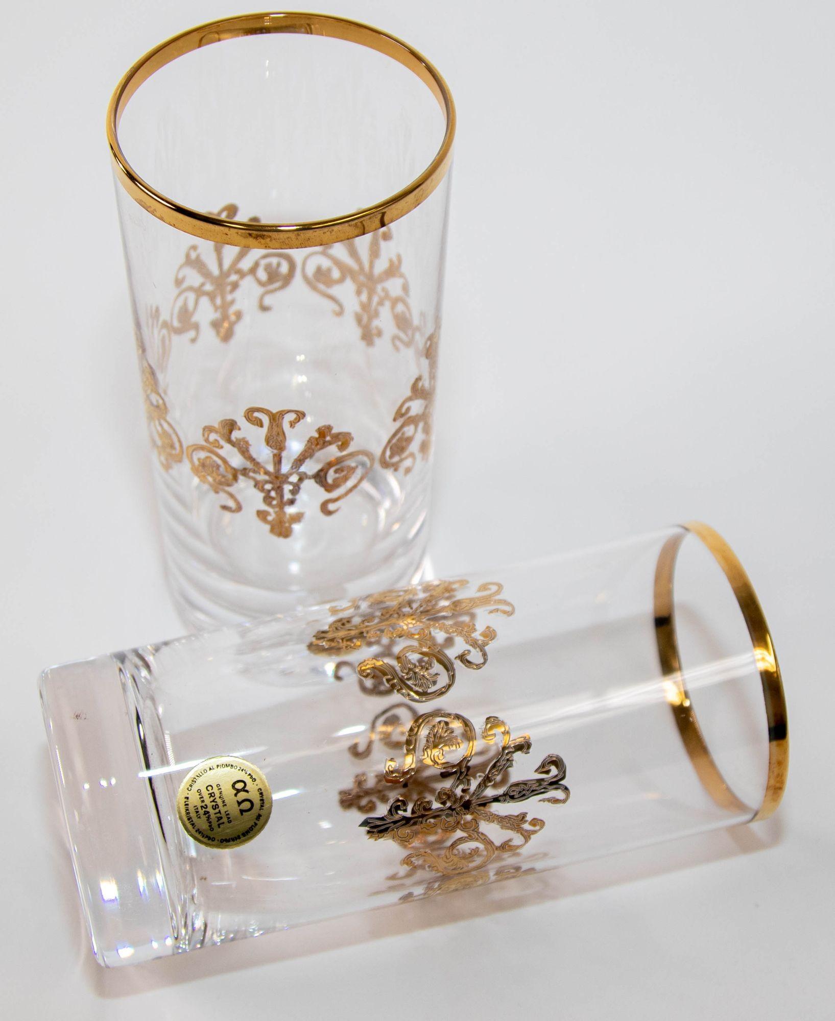 Murano Alfa & Omega Crystal Drinking Glasses set of 10 Luxury Barware 24 Kt Gold For Sale 1