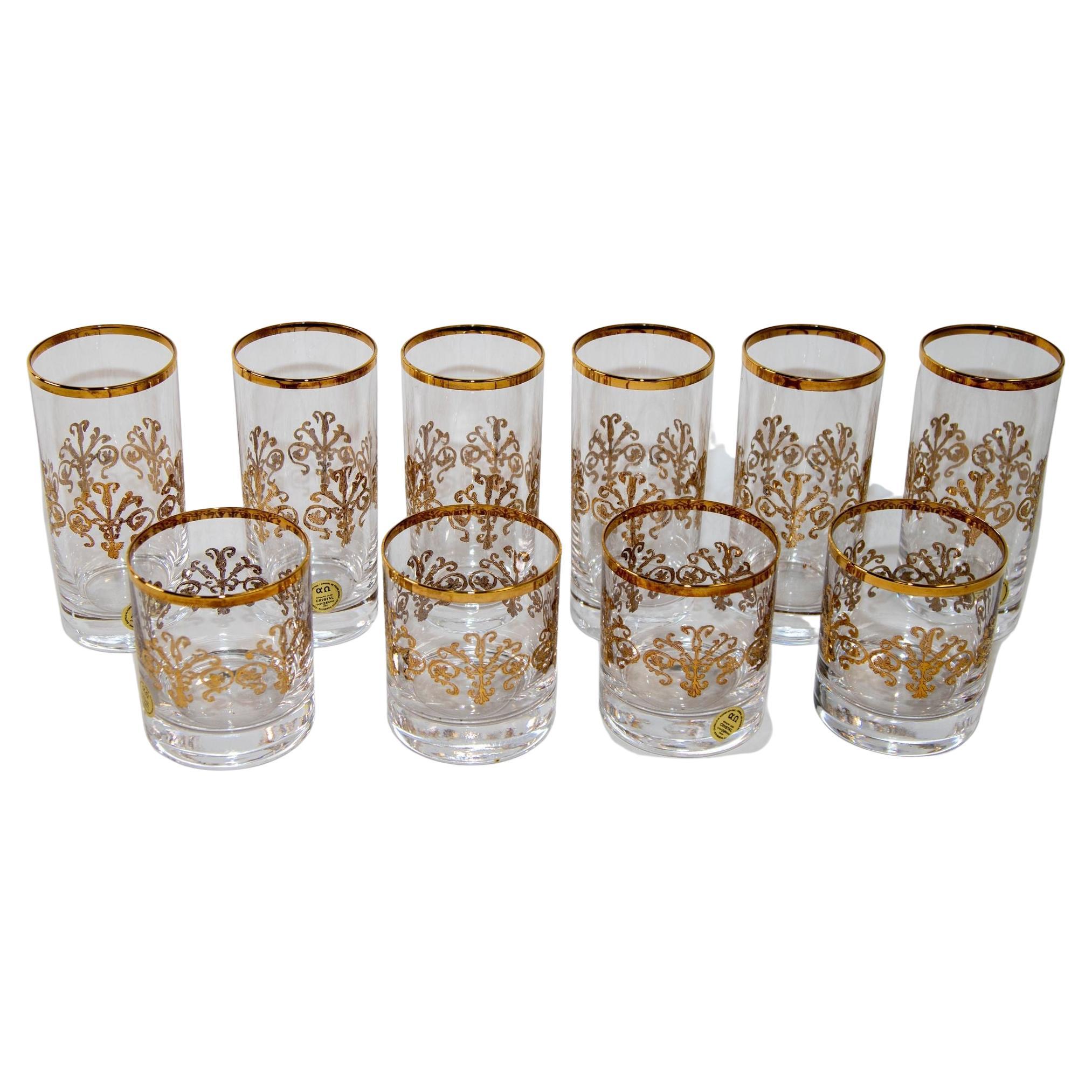 Murano Alfa & Omega Crystal Drinking Glasses set of 10 Luxury Barware 24 Kt Gold For Sale