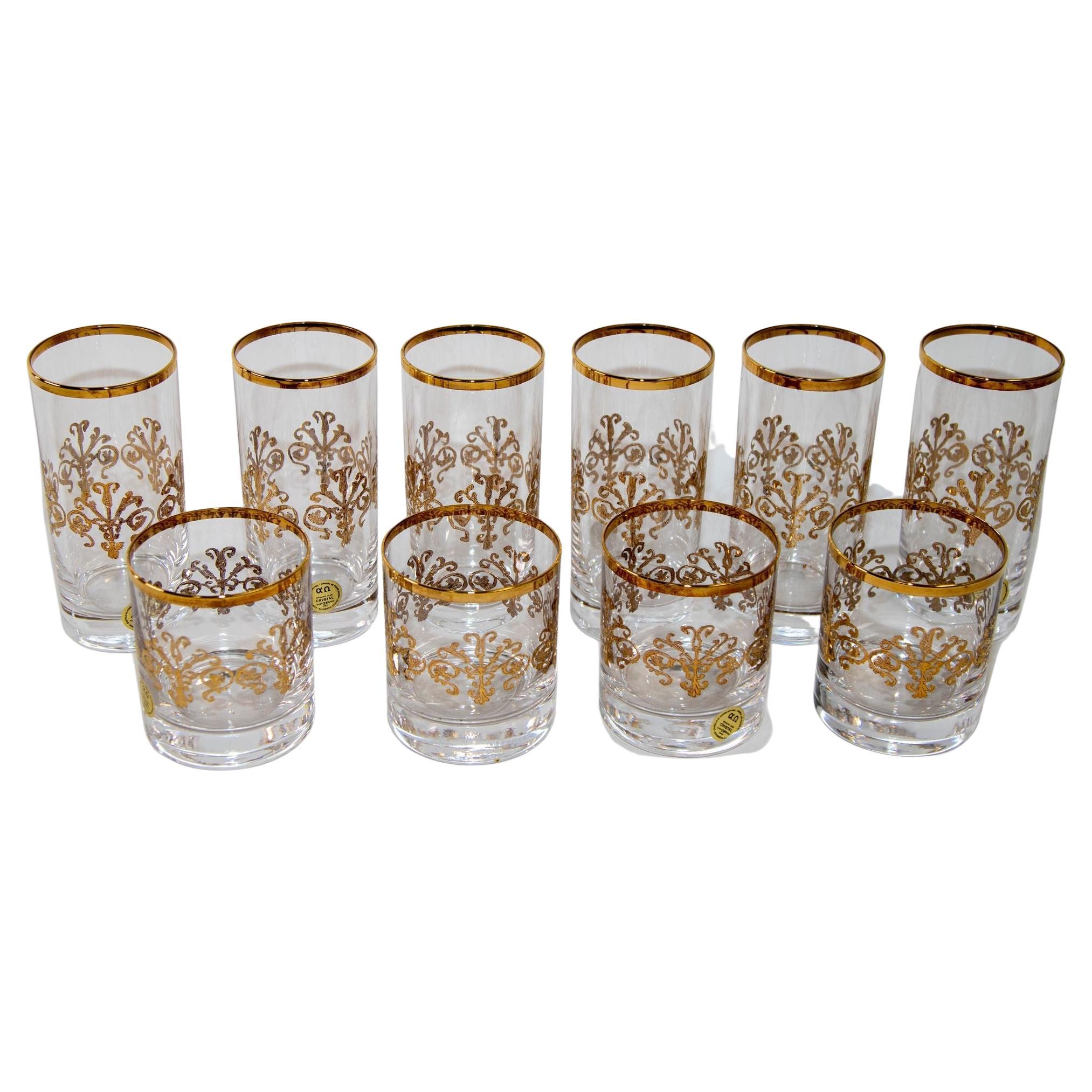 Set di 10 bicchieri di cristallo di Murano Alfa e Omega per bere, articoli da bar di lusso in oro 24 Kt in vendita