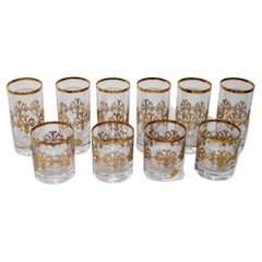 Retro Murano Alfa & Omega Crystal Drinking Glasses set of 10 Luxury Barware 24 Kt Gold