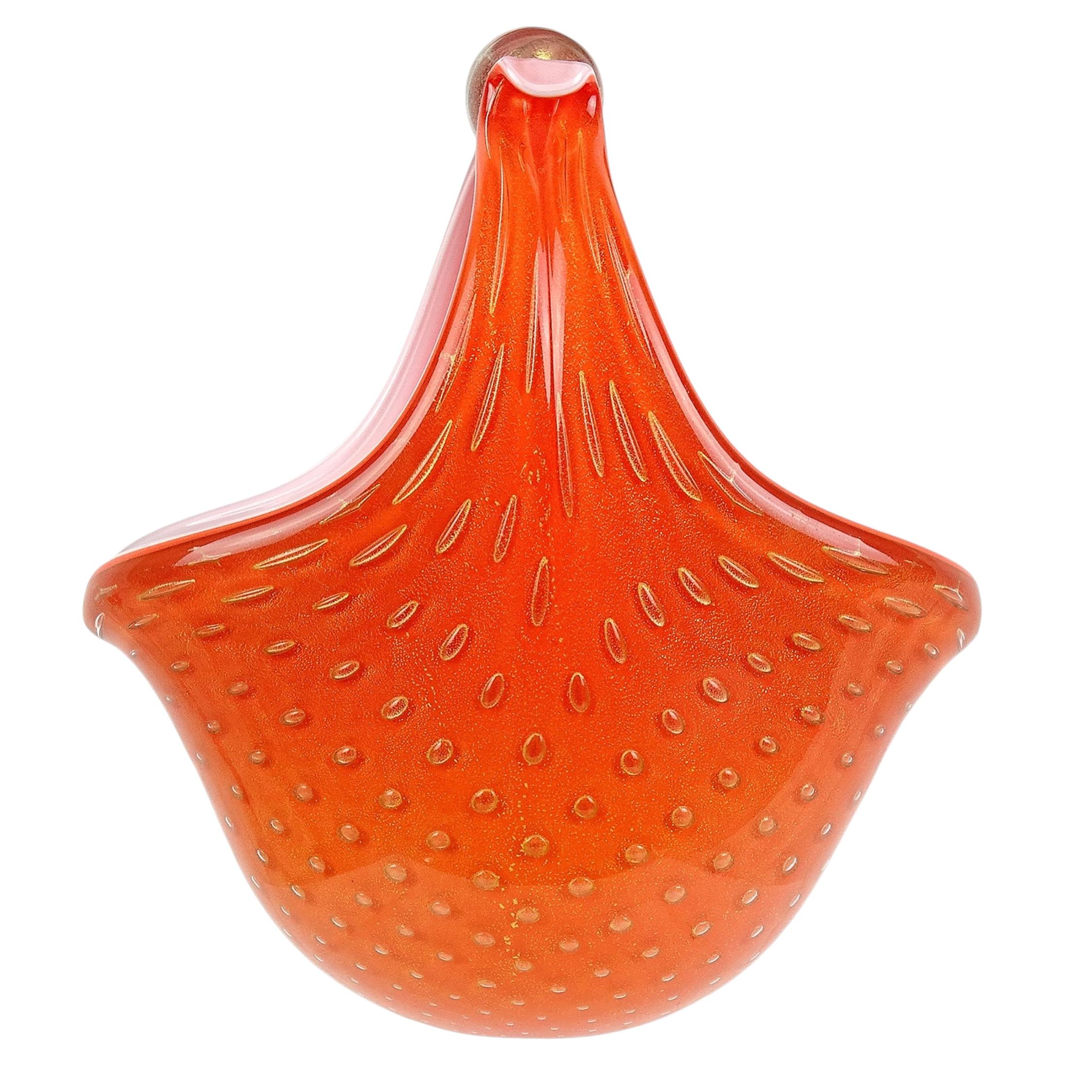 Murano Alfredo Barbini Orange Gold Flecks Italian Art Glass Flower Basket Vase For Sale