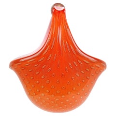 Murano Alfredo Barbini Orange Gold Flecks Italian Art Glass Flower Basket Vase