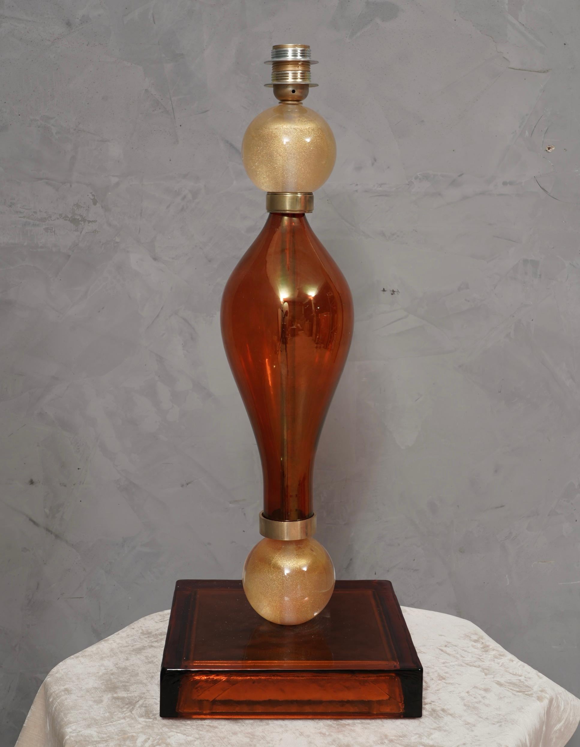 Brass Murano Amber and Gold Blown Glass Table Lamp, 1980 For Sale