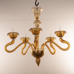 Murano Amber and Gold glass chandelier 5 lights Vintage Made in Italy in stock